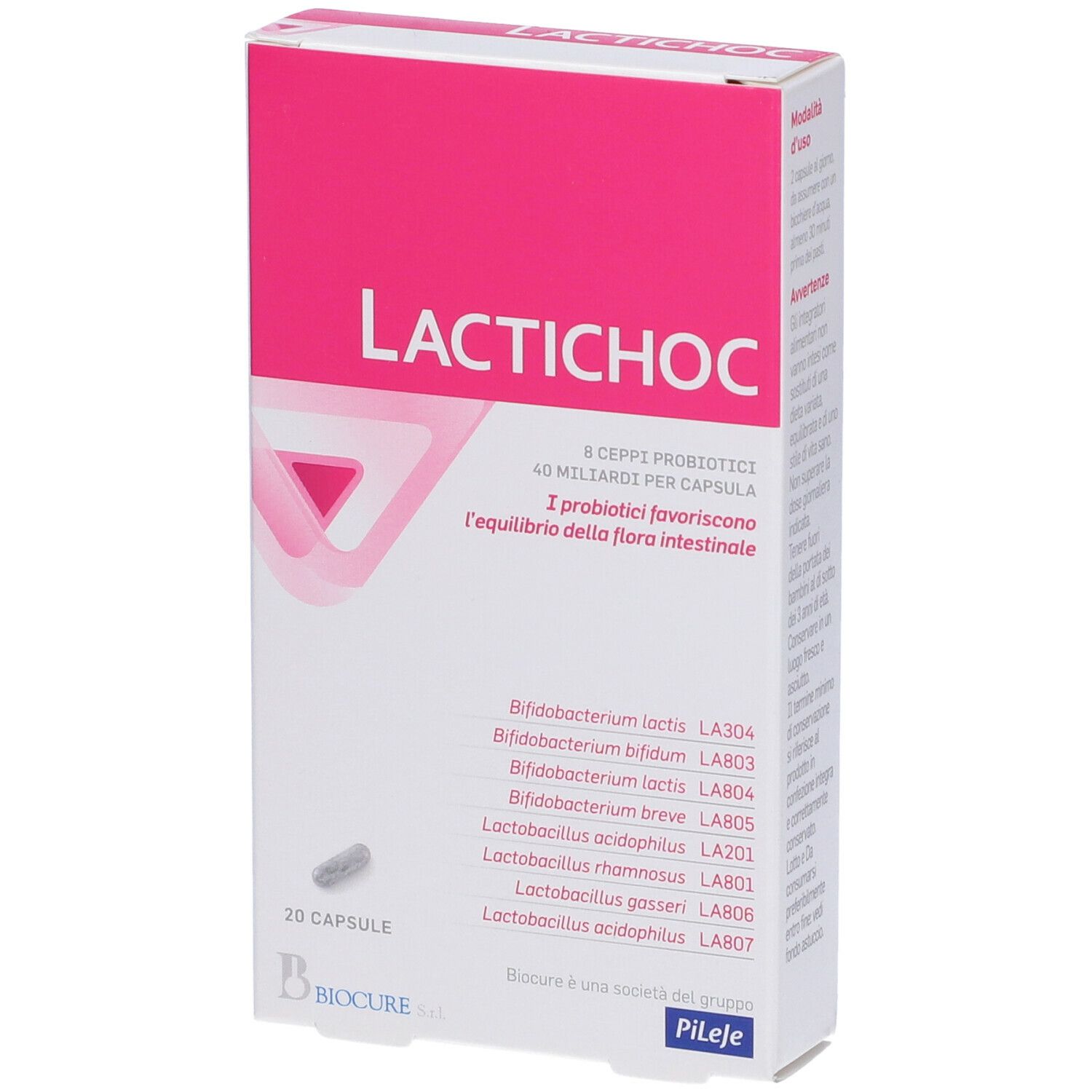 Scatola di capsule Lactichoc. Design rosa e bianco. Contiene 20 capsule. Testo: 8 ceppi probiotici, 40 miliardi per capsula.