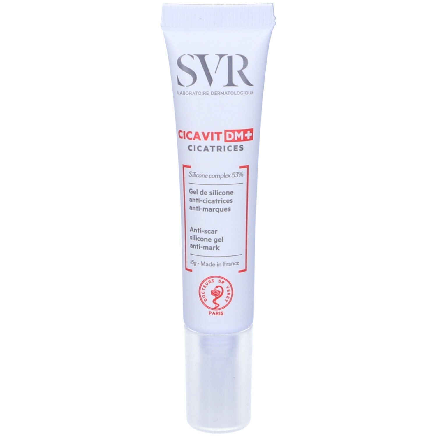 Tubo di gel SVR Cicavit DM+. Tubo bianco con testo rosso. Contiene il 53% di silicone. Marchio e nome del prodotto visibili.