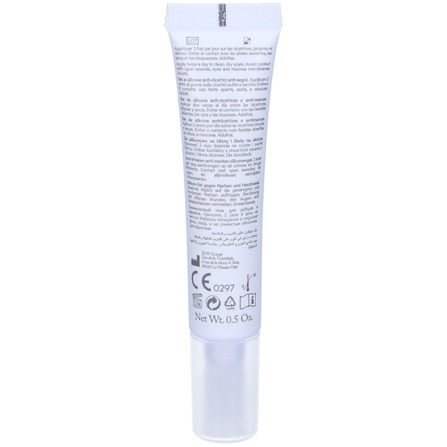 Retro del tubo SVR Cicavit DM+. Testo multilingue. Marchio CE e contenuto netto 0,5 Oz.
