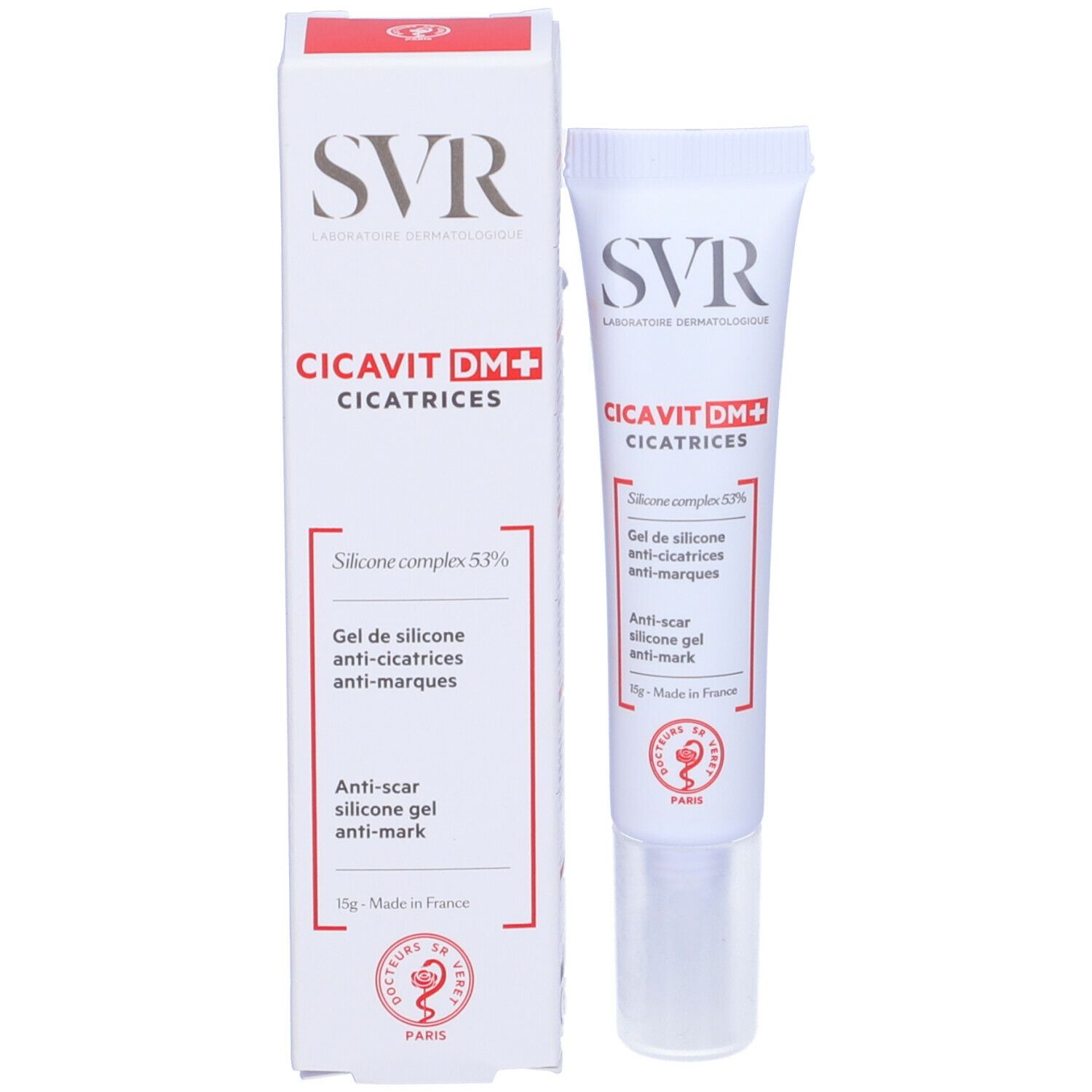 Confezione e tubo SVR Cicavit DM+. Confezione bianca con testo rosso. Tubo con 53% di silicone. Marchio e nome del prodotto visibili.
