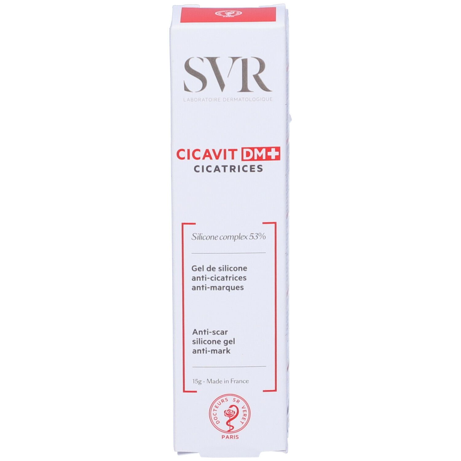 Confezione SVR Cicavit DM+. Confezione bianca con testo rosso. Contiene il 53% di silicone. Marchio e nome del prodotto visibili.