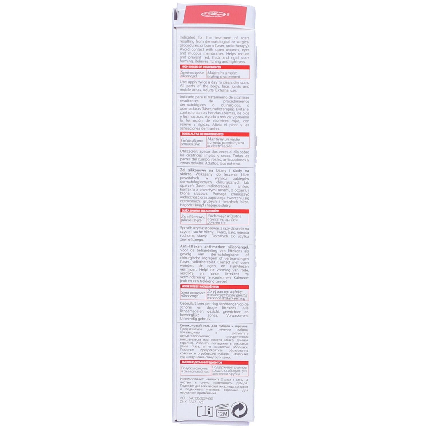 Retro della confezione SVR Cicavit DM+. Testo multilingue. Marchio CE e contenuto netto 0,5 Oz.