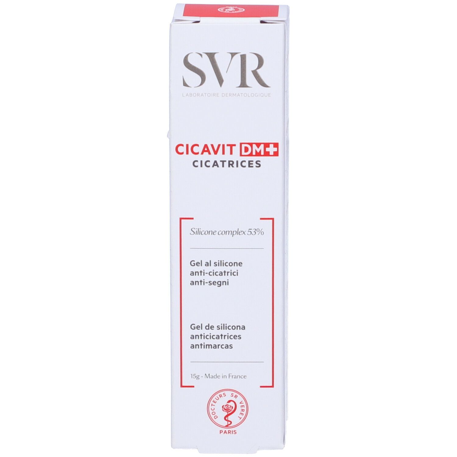 Confezione SVR Cicavit DM+. Confezione bianca con testo rosso. Contiene il 53% di silicone. Marchio e nome del prodotto visibili.