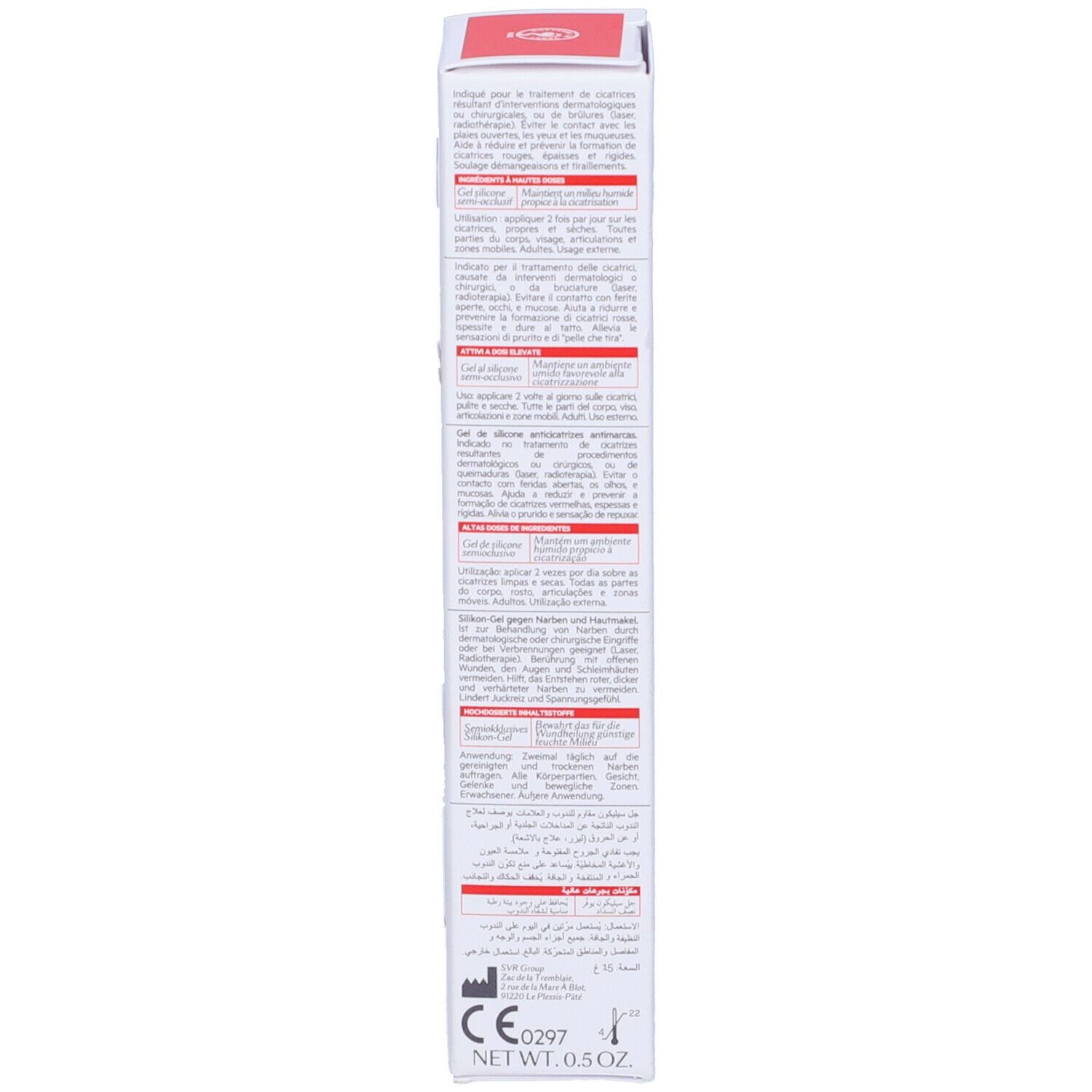 Retro della confezione SVR Cicavit DM+. Testo multilingue. Marchio CE e contenuto netto 0,5 Oz.