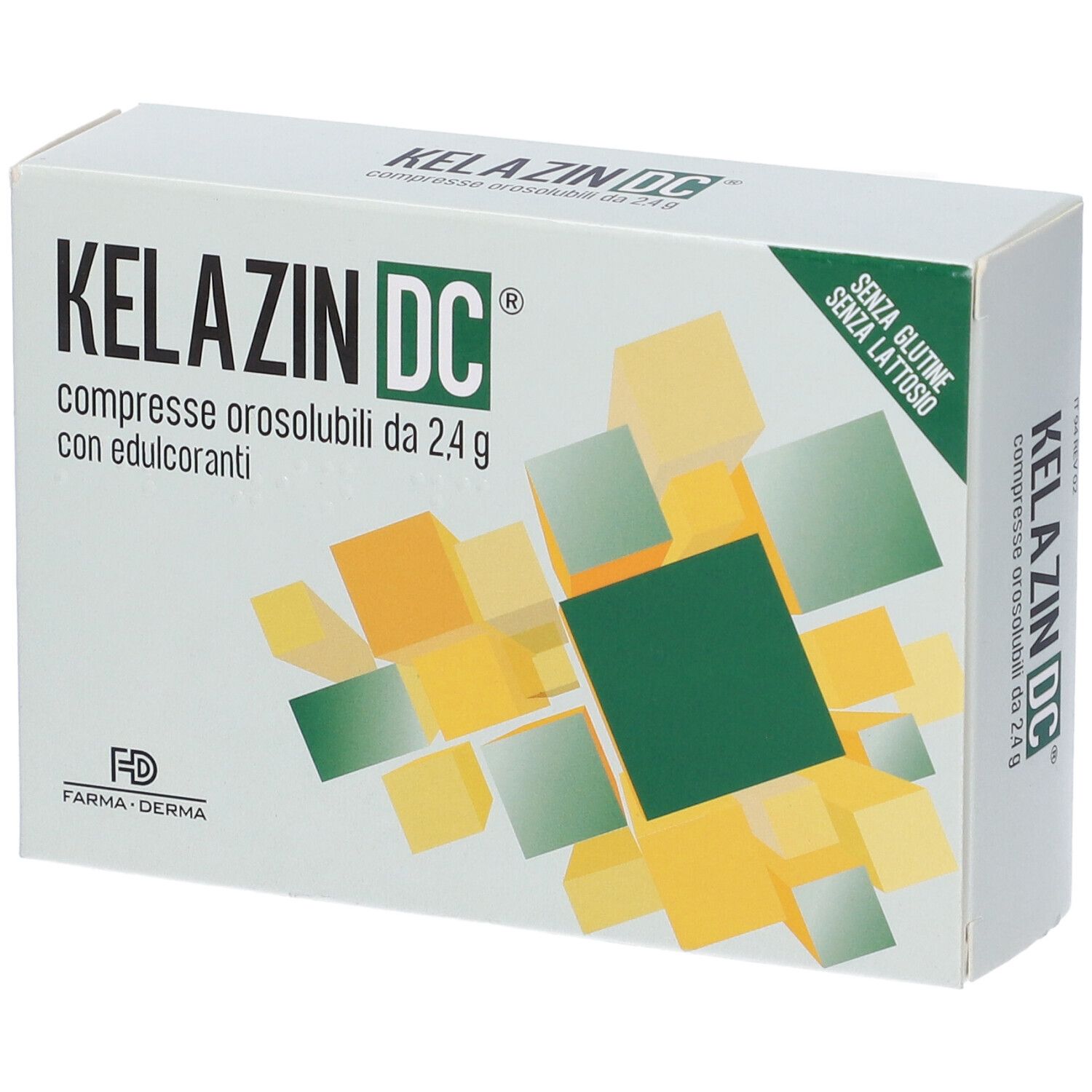 Scatola Kelazin DC con scritta 'compresse orosolubili'. Forme geometriche sono raffigurate sulla confezione.