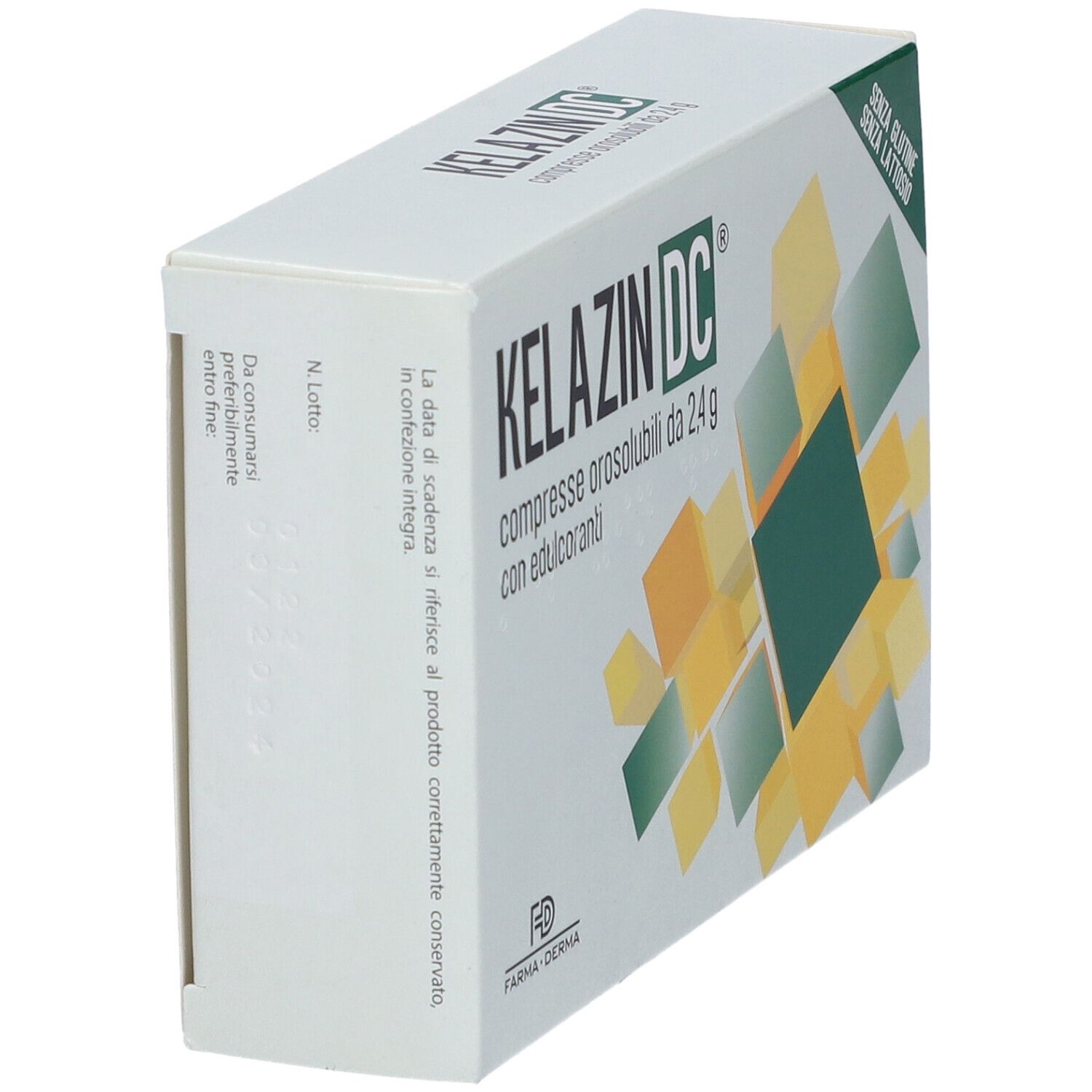 Scatola Kelazin DC, vista laterale. Scritta 'compresse orosolubili'. Testo su scadenza e ingredienti.