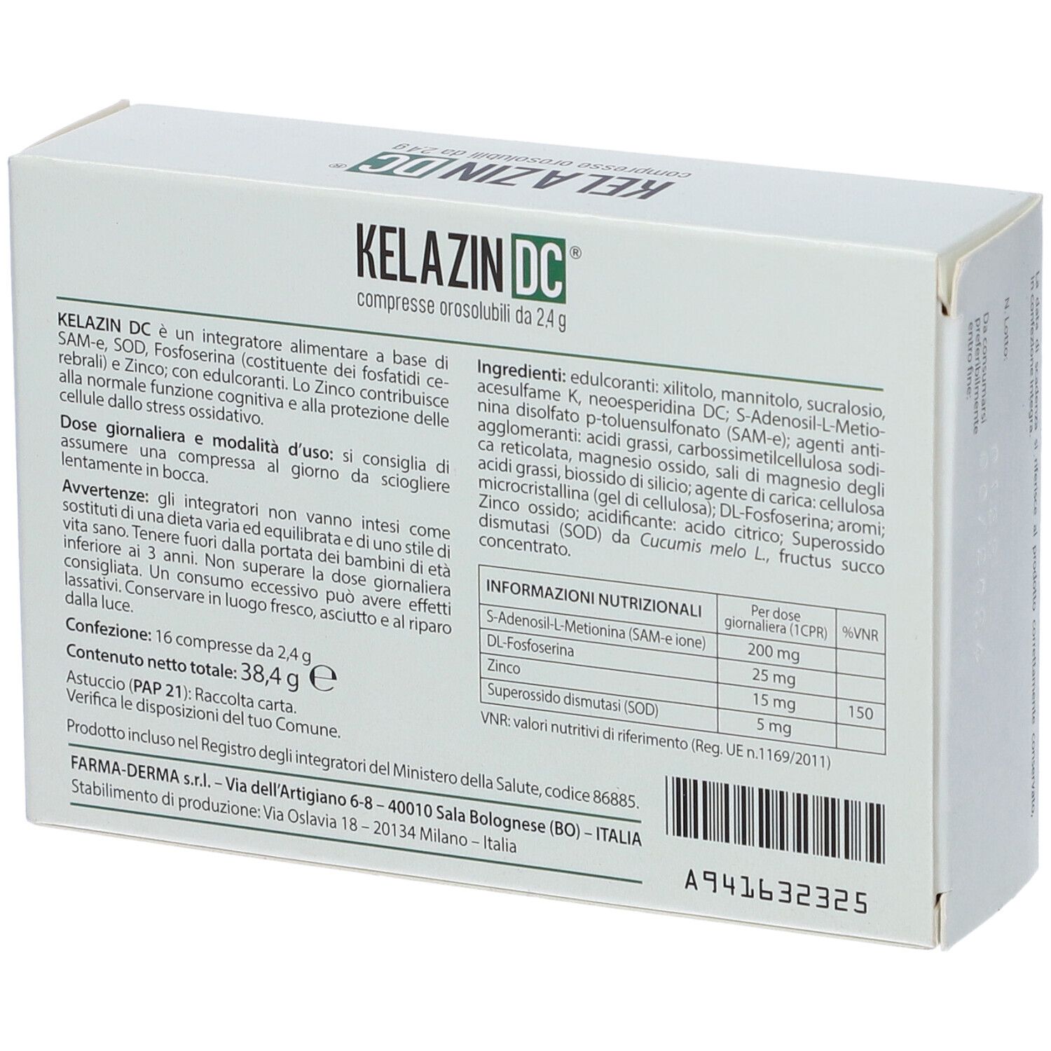 Retro della scatola Kelazin DC. Contiene informazioni su ingredienti, valori nutrizionali e istruzioni per l'uso.