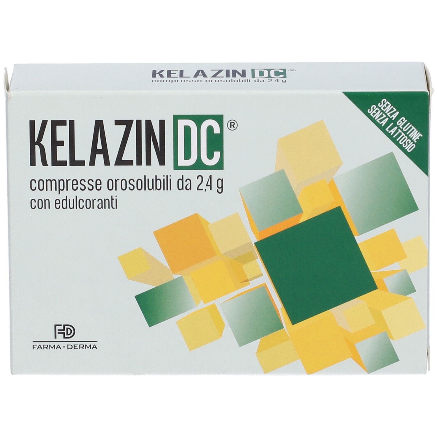 Scatola Kelazin DC con scritta 'compresse orosolubili'. Forme geometriche sono raffigurate sulla confezione.