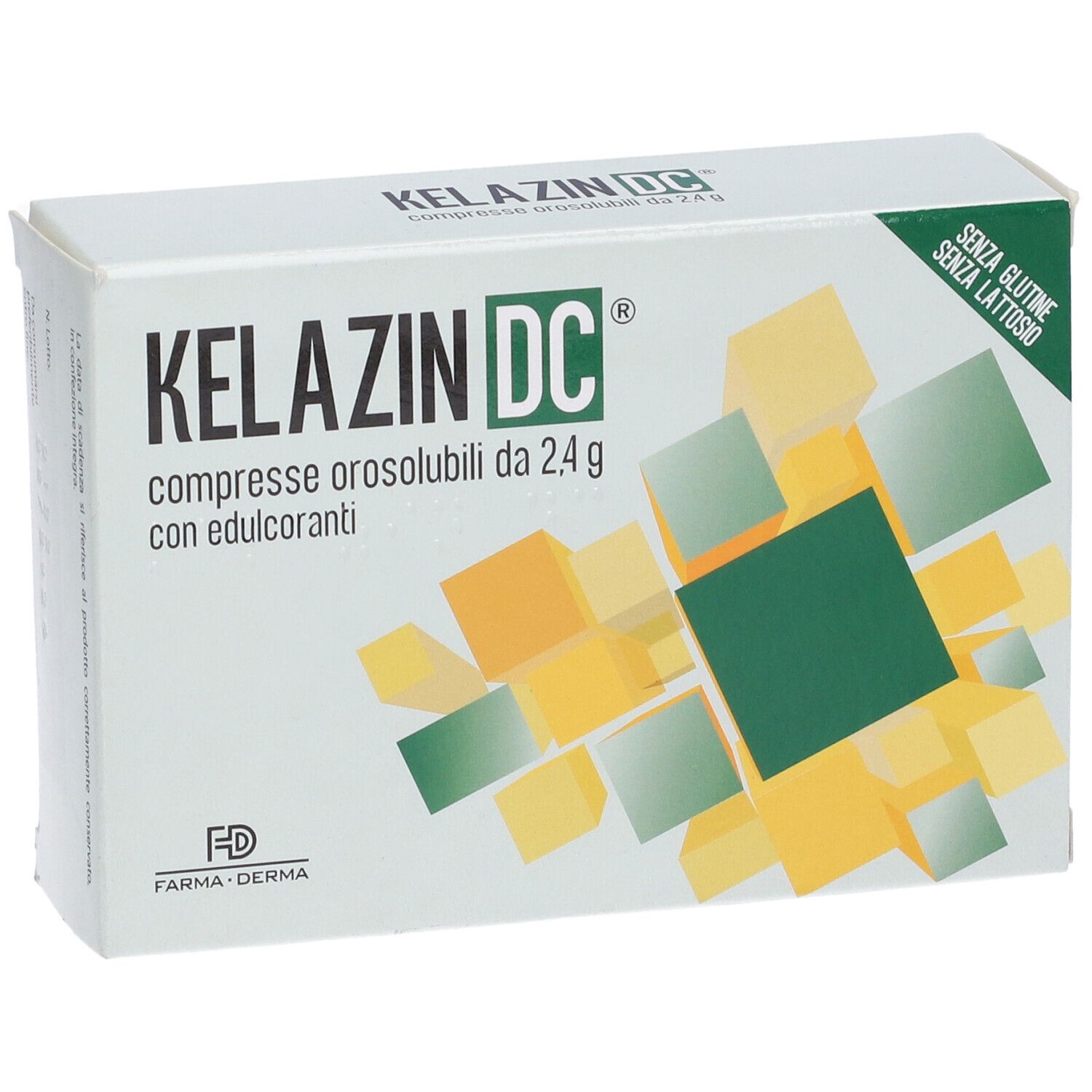 Scatola Kelazin DC con scritta 'compresse orosolubili'. Forme geometriche sono raffigurate sulla confezione.