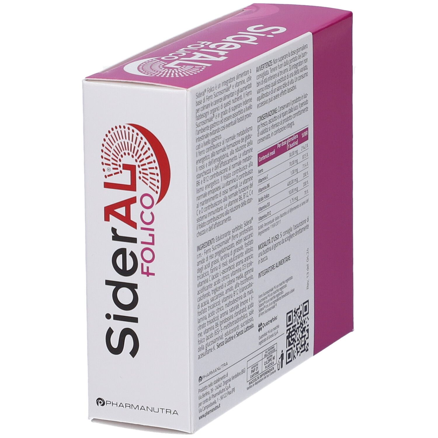 Rosa-weiße Schachtel mit Produktnamen und Logo. Text: SiderAL Folico. Marke: Pharmanutra. Inhaltsstoffe.