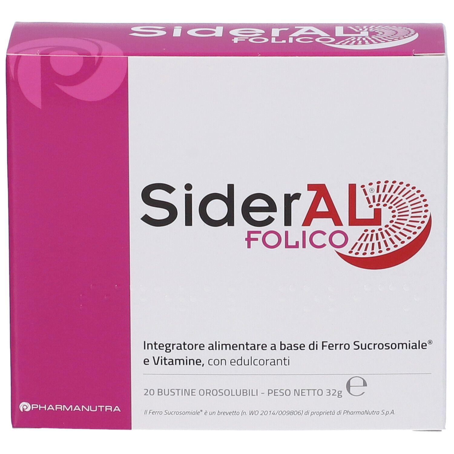 Rosa-weiße Schachtel mit Produktnamen und Logo. Text: SiderAL Folico. Marke: Pharmanutra. 20 Beutel.