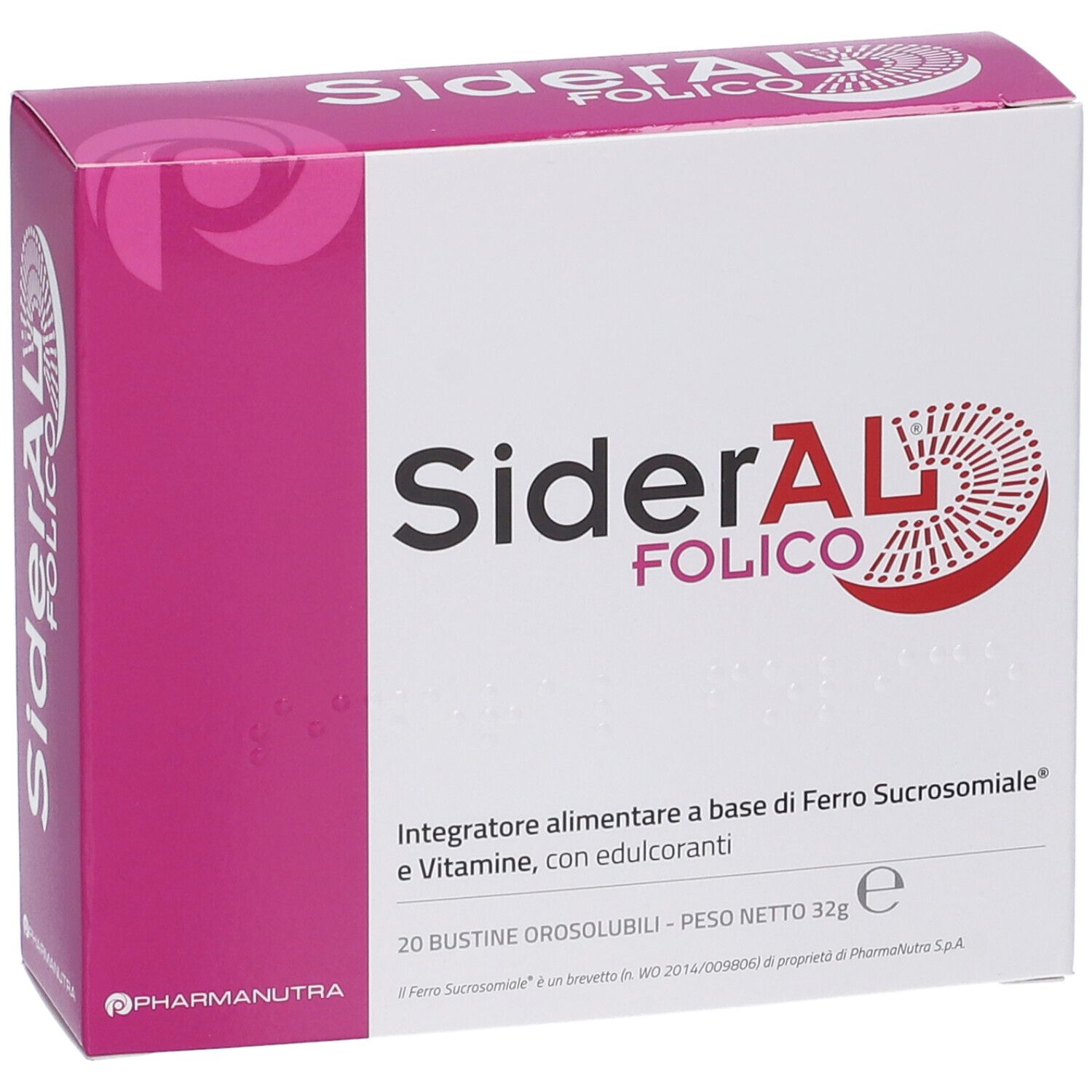 Rosa-weiße Schachtel mit Produktnamen und Logo. Text: SiderAL Folico. Marke: Pharmanutra. 20 Beutel.