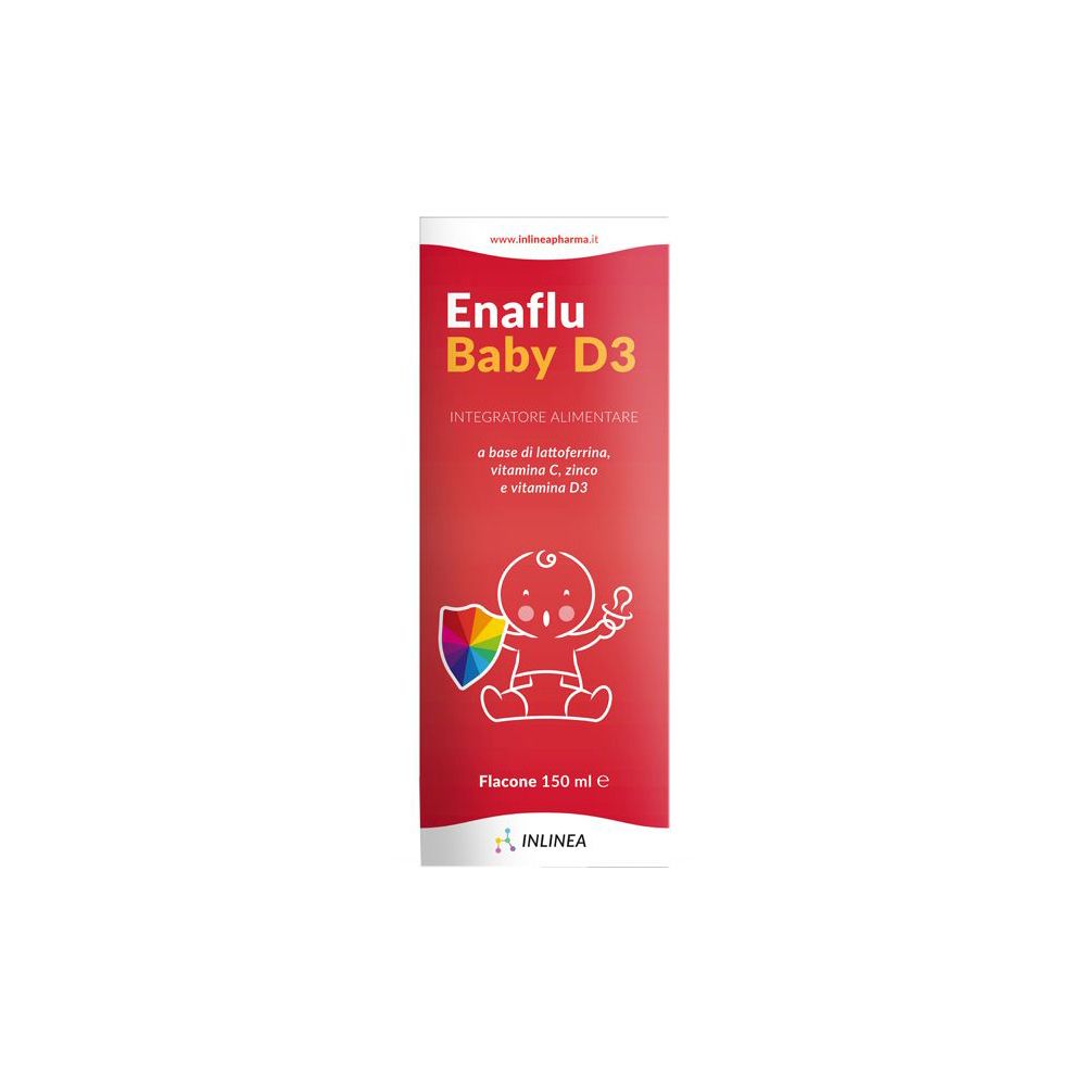 Confezione rossa con nome prodotto Enaflu Baby D3. Contiene informazioni sugli ingredienti e il marchio Inlinea.