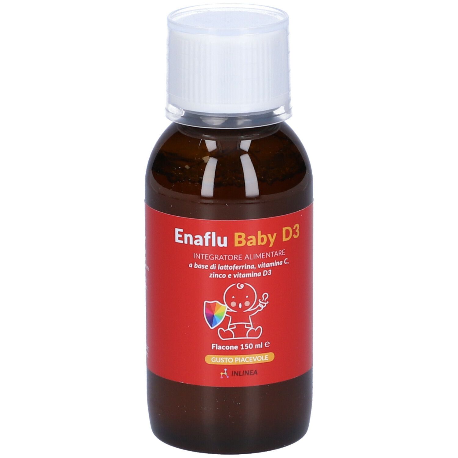 Flacone marrone con tappo bianco. Etichetta con nome prodotto Enaflu Baby D3 e ingredienti. Marchio Inlinea.
