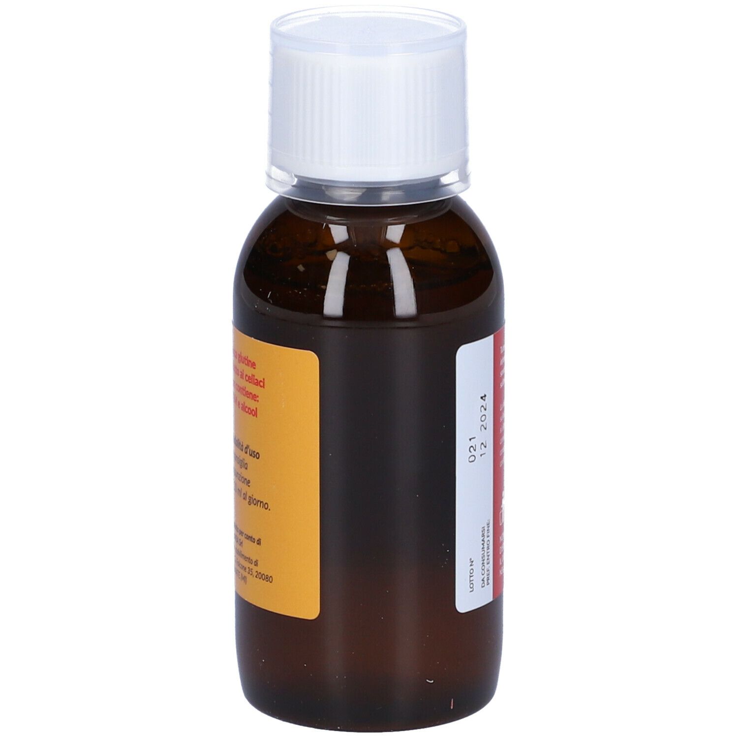 Flacone marrone con tappo bianco. Etichetta con informazioni su ingredienti e utilizzo.