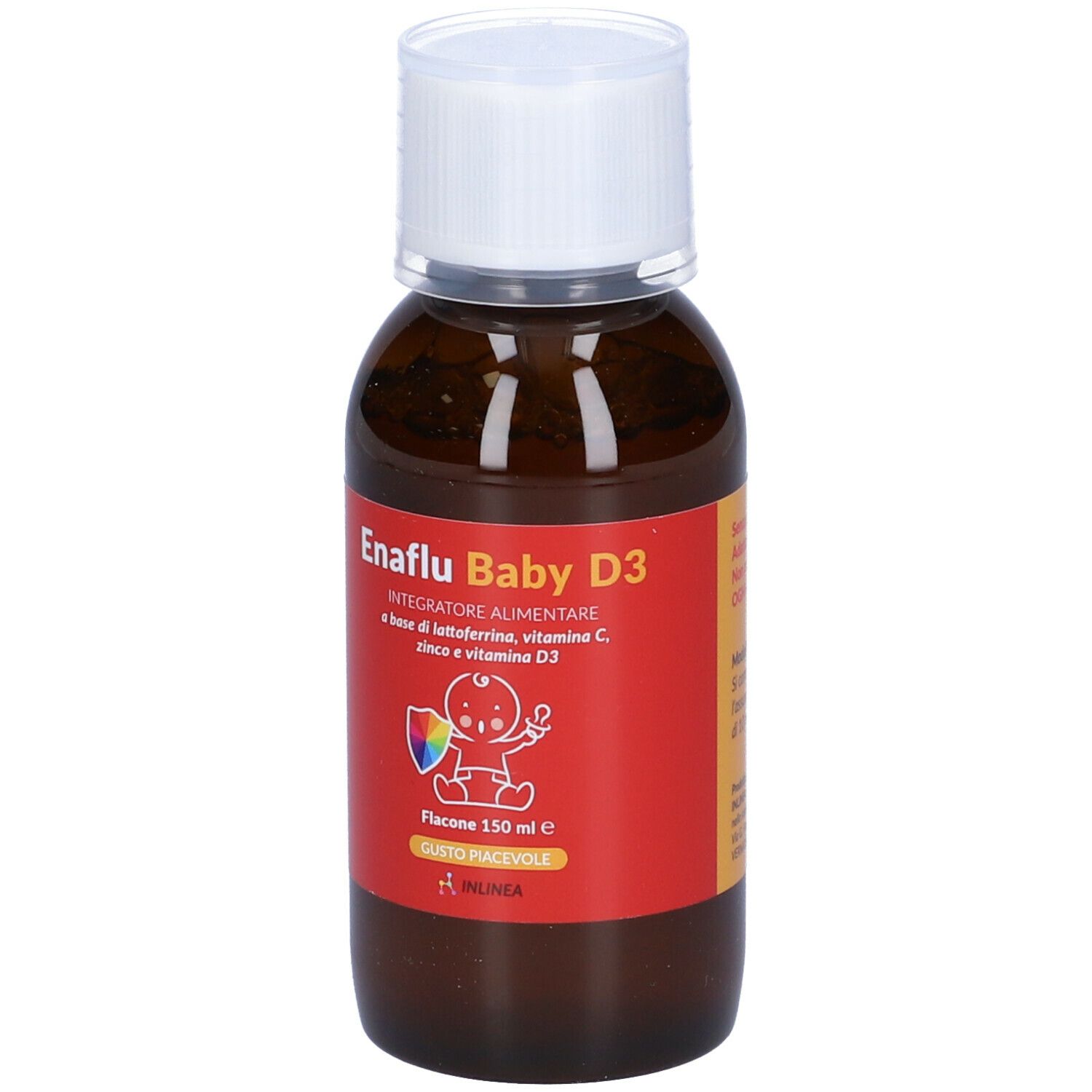 Flacone marrone con tappo bianco. Etichetta con nome prodotto Enaflu Baby D3 e ingredienti. Marchio Inlinea.