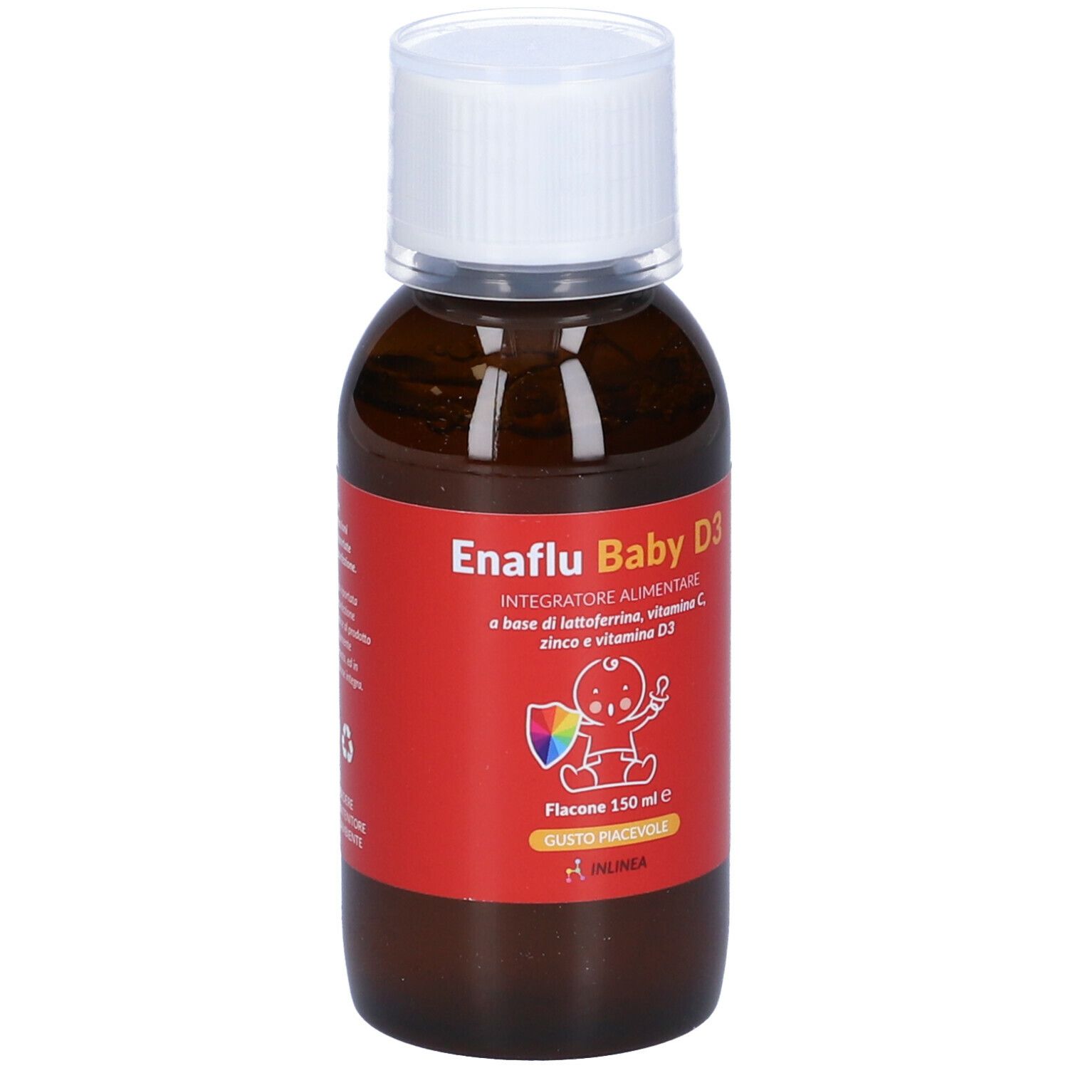 Flacone marrone con tappo bianco. Etichetta con nome prodotto Enaflu Baby D3 e ingredienti. Marchio Inlinea.