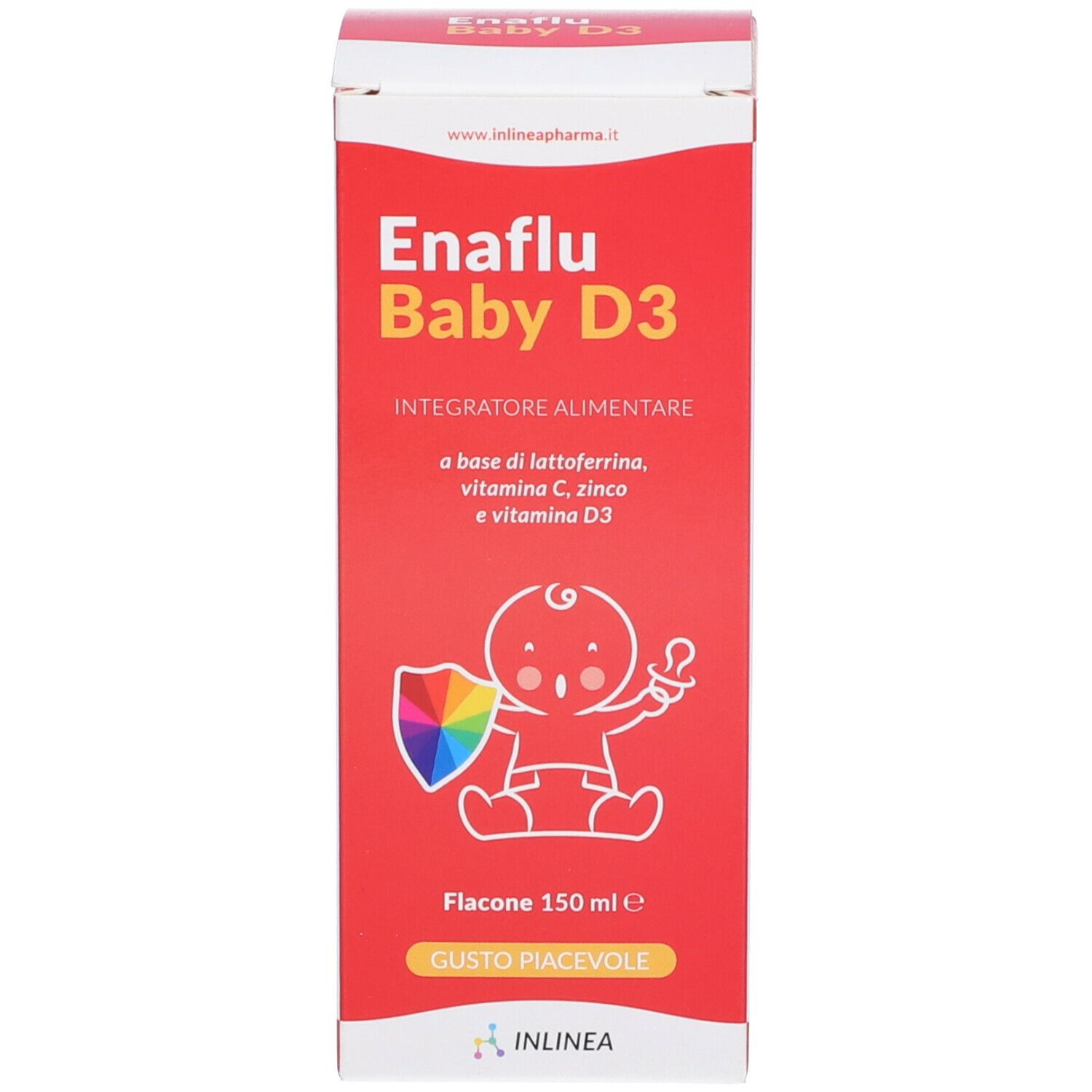 Confezione rossa con nome prodotto Enaflu Baby D3. Contiene informazioni sugli ingredienti e il marchio Inlinea.