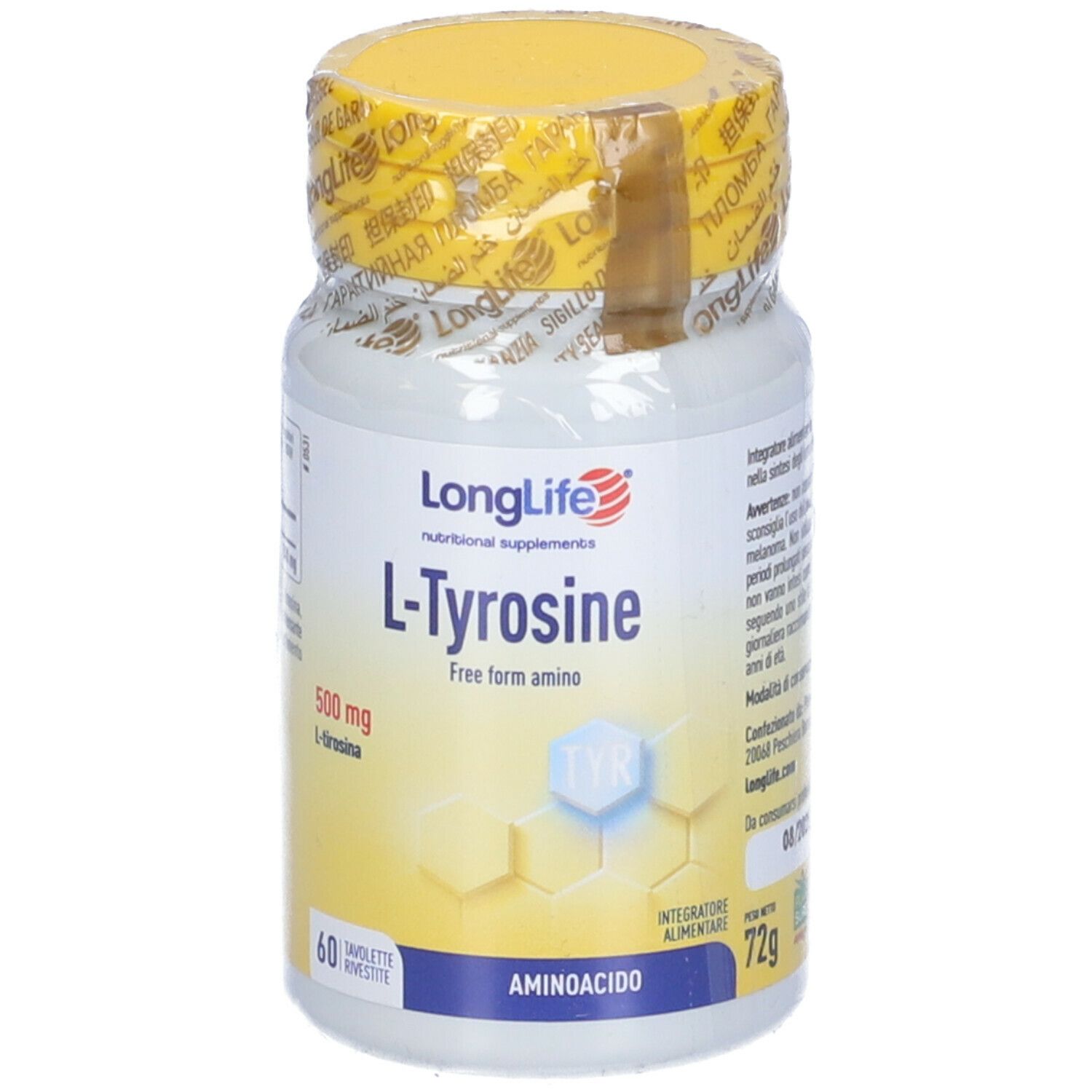 Flacone bianco con tappo giallo e sigillo. Scritta: L-Tirosina, 60 compresse. Marchio: LongLife.