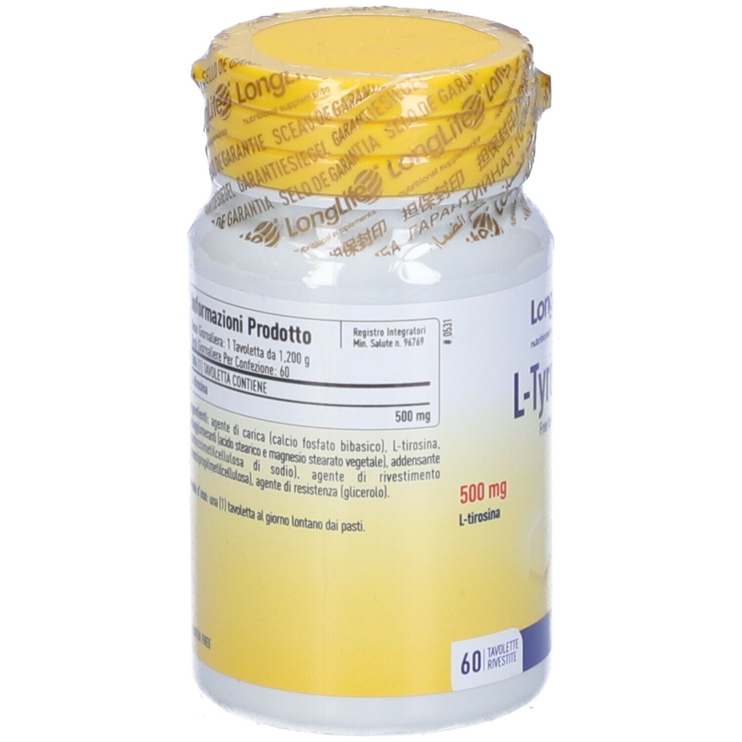 Flacone bianco con tappo giallo e sigillo. Scritta: L-Tirosina, 60 compresse. Marchio: LongLife.