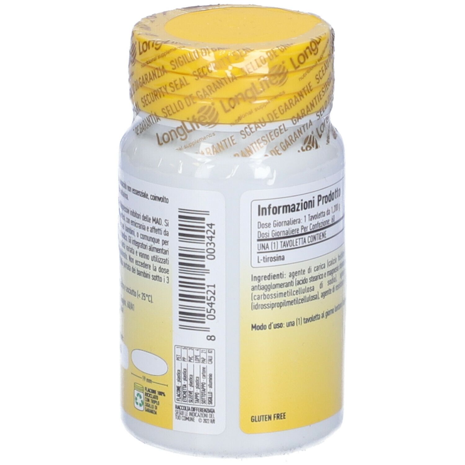 Flacone bianco con tappo giallo e sigillo. Scritta: L-Tirosina, 60 compresse. Marchio: LongLife.