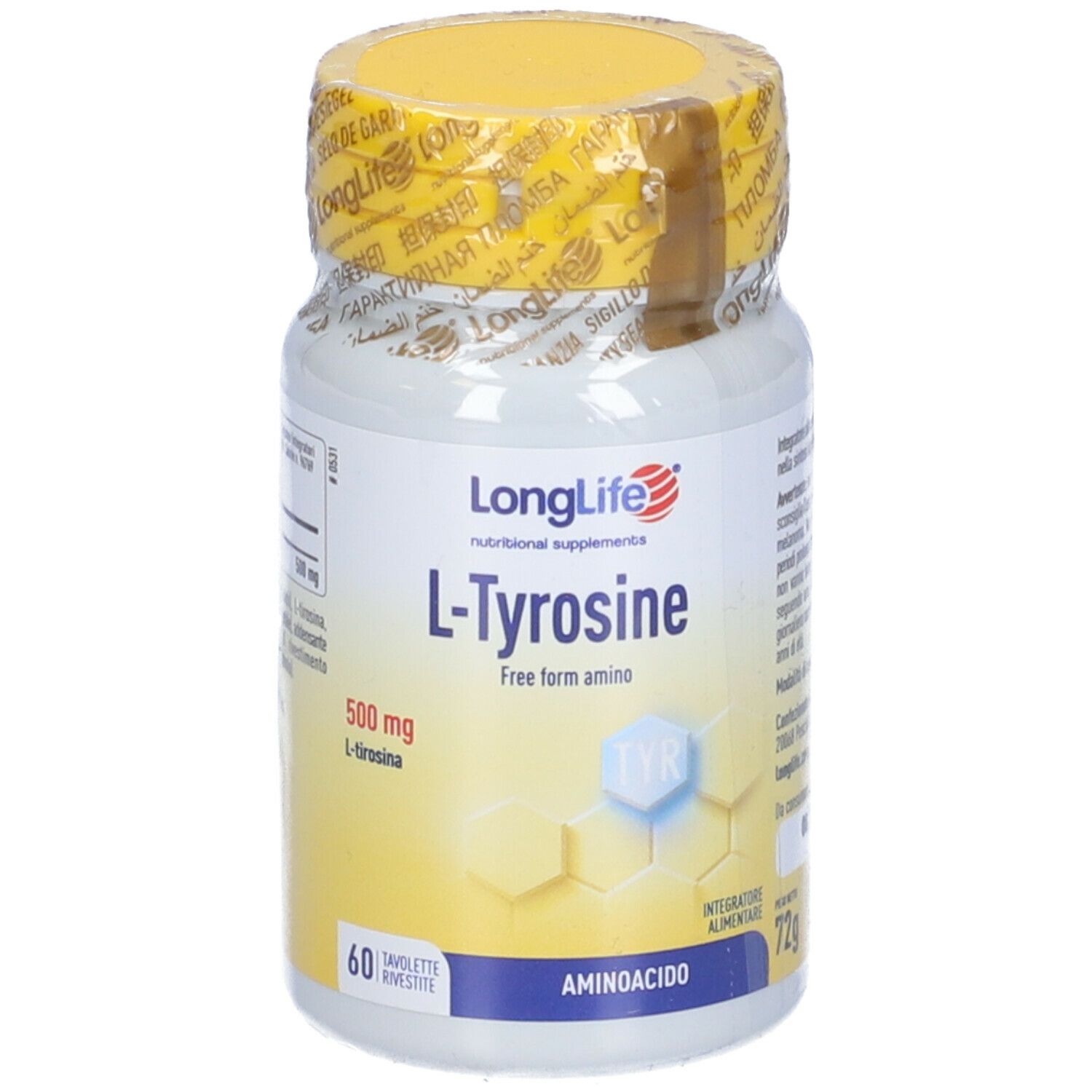 Flacone bianco con tappo giallo e sigillo. Scritta: L-Tirosina, 60 compresse. Marchio: LongLife.