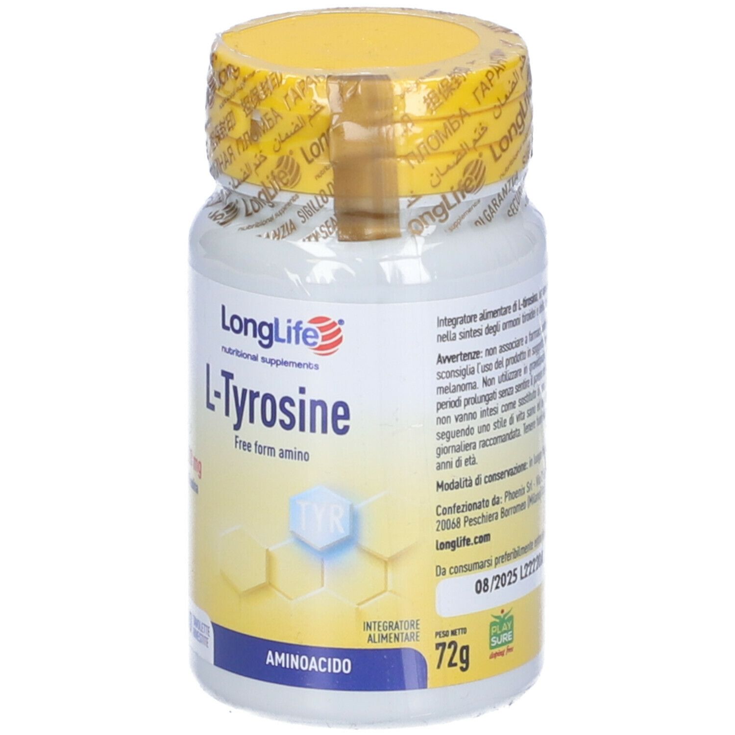 Flacone bianco con tappo giallo e sigillo. Scritta: L-Tirosina, 60 compresse. Marchio: LongLife.