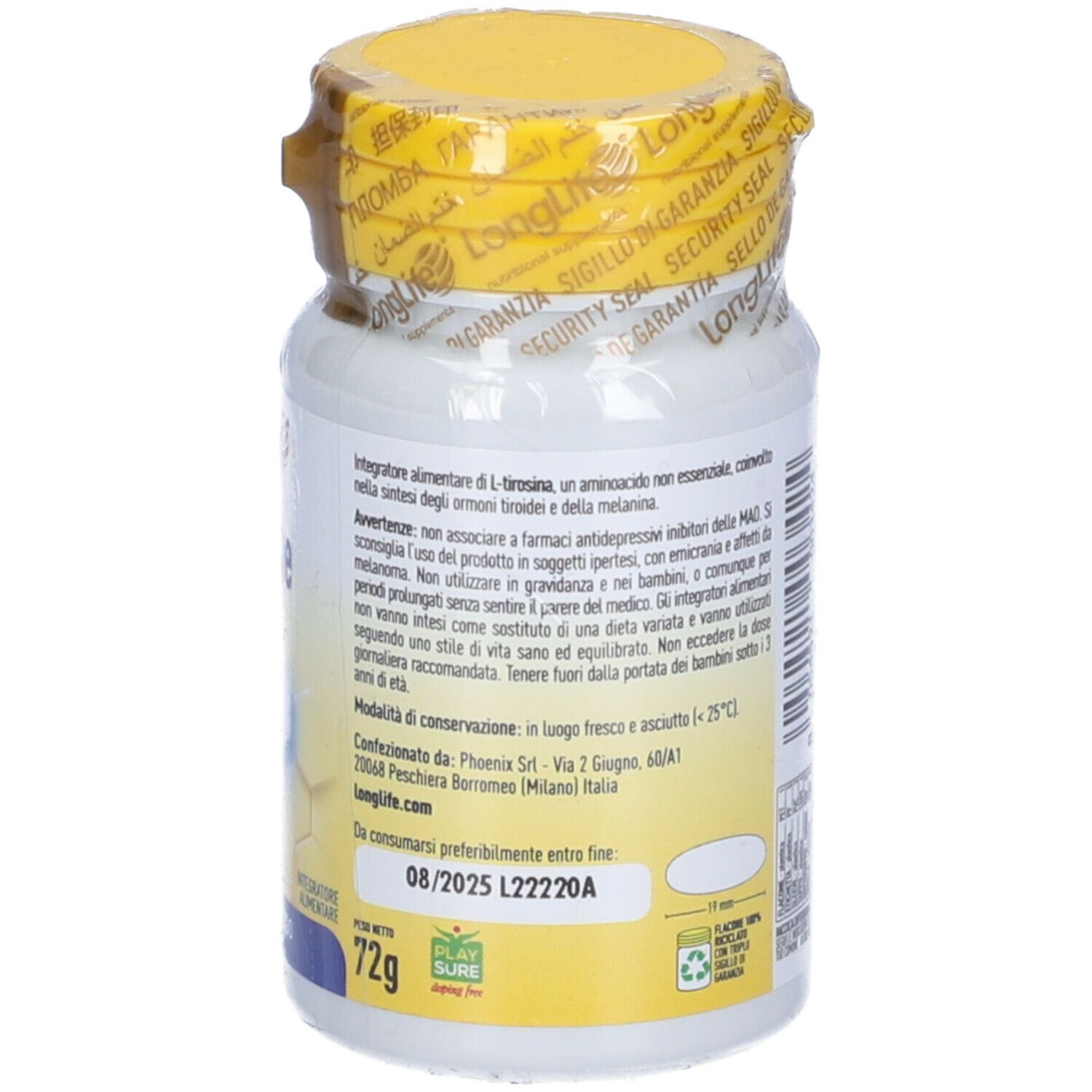 Flacone bianco con tappo giallo e sigillo. Scritta: L-Tirosina, 60 compresse. Marchio: LongLife.