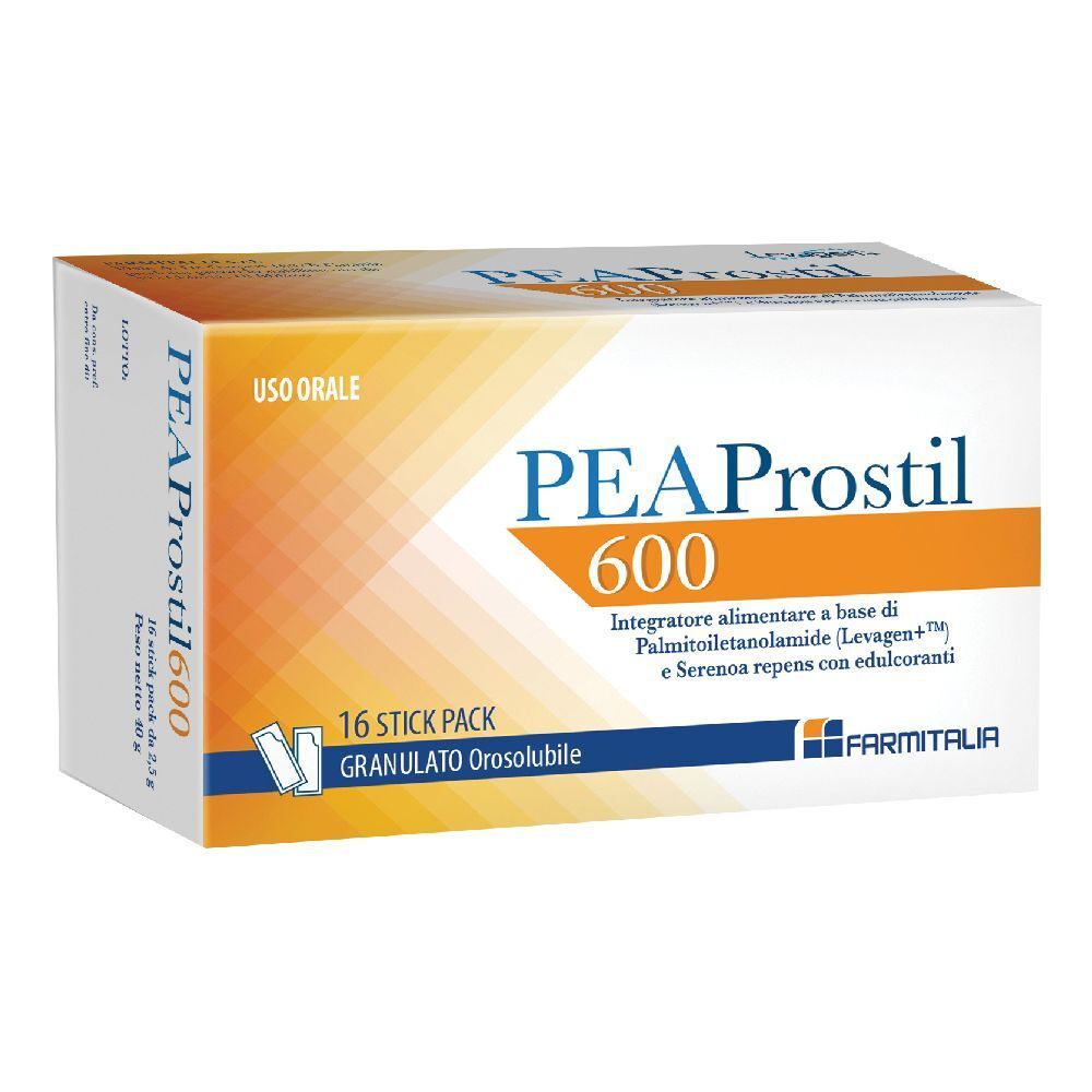 Confezione di PEAProstil 600, 16 stick. Granulato Orosolubile. Marchio Farmitalia. Uso orale.