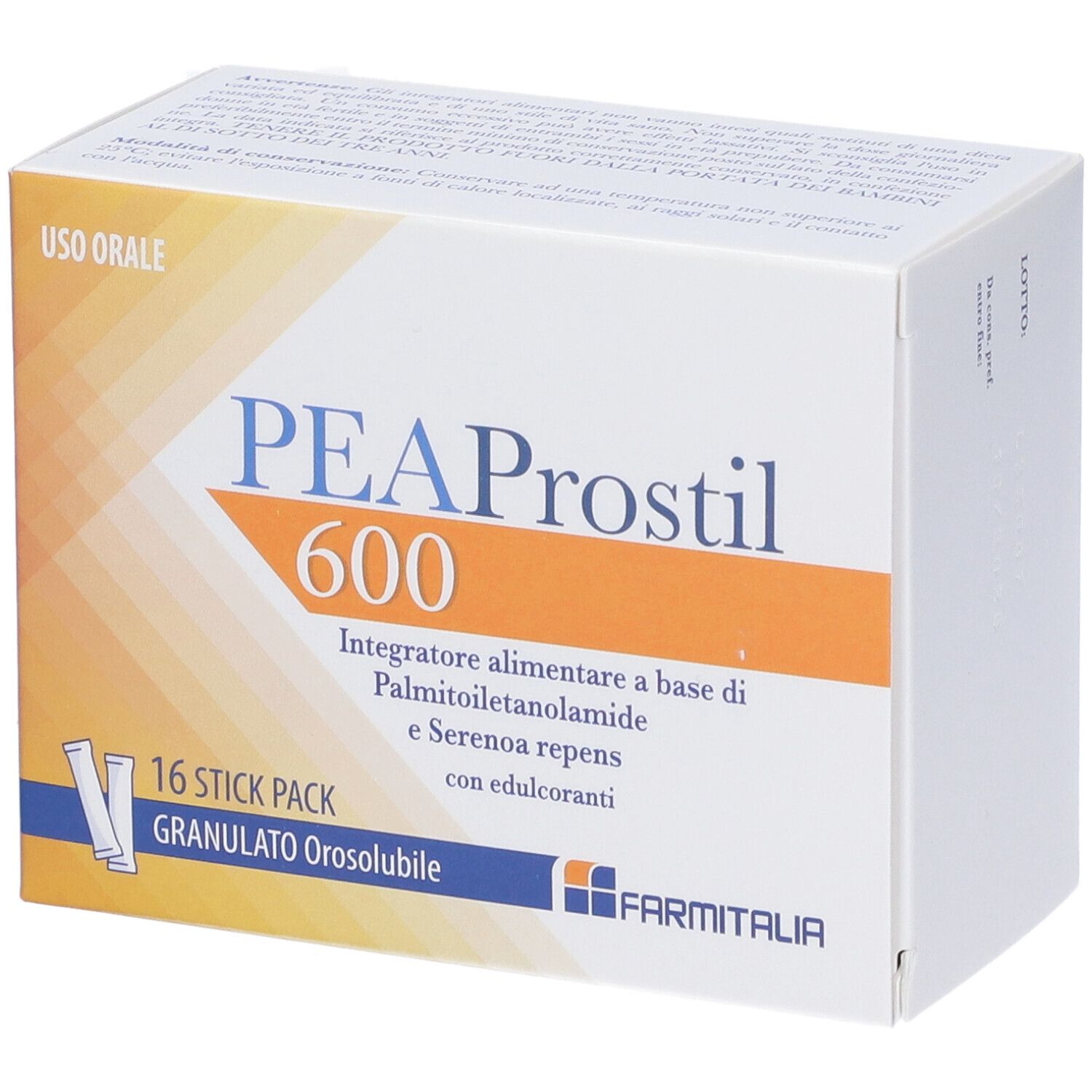 Confezione di PEAProstil 600, 16 stick. Granulato Orosolubile. Marchio Farmitalia. Uso orale.