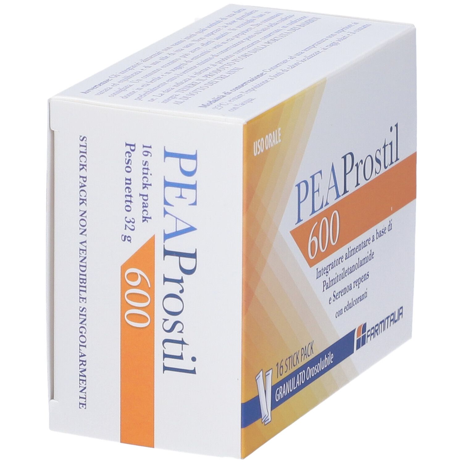 Confezione di PEAProstil 600, 16 stick. Granulato Orosolubile. Marchio Farmitalia. Uso orale.