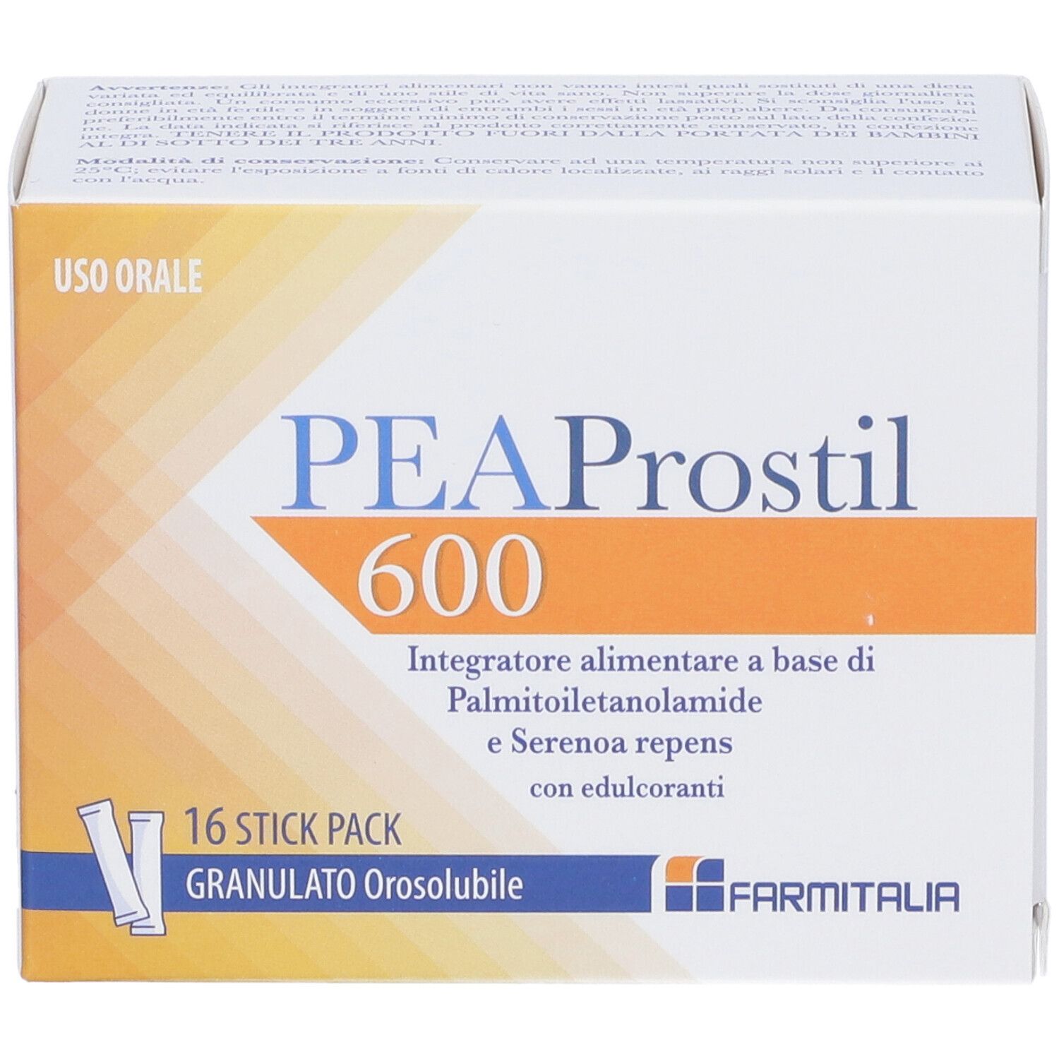 Confezione di PEAProstil 600, 16 stick. Granulato Orosolubile. Marchio Farmitalia. Uso orale.