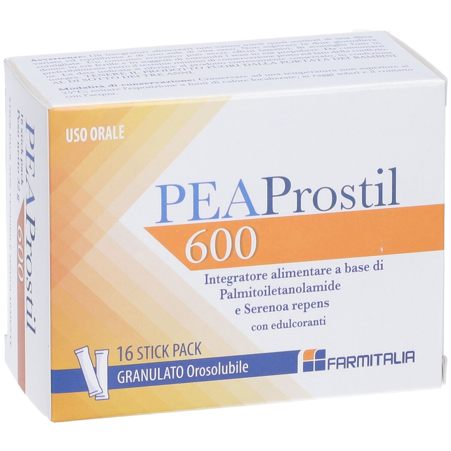 Confezione di PEAProstil 600, 16 stick. Granulato Orosolubile. Marchio Farmitalia. Uso orale.