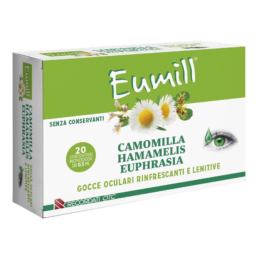 Confezione di gocce oculari Eumill. Contiene camomilla, hamamelis ed eufrasia. 20 monodose. Design verde e bianco.