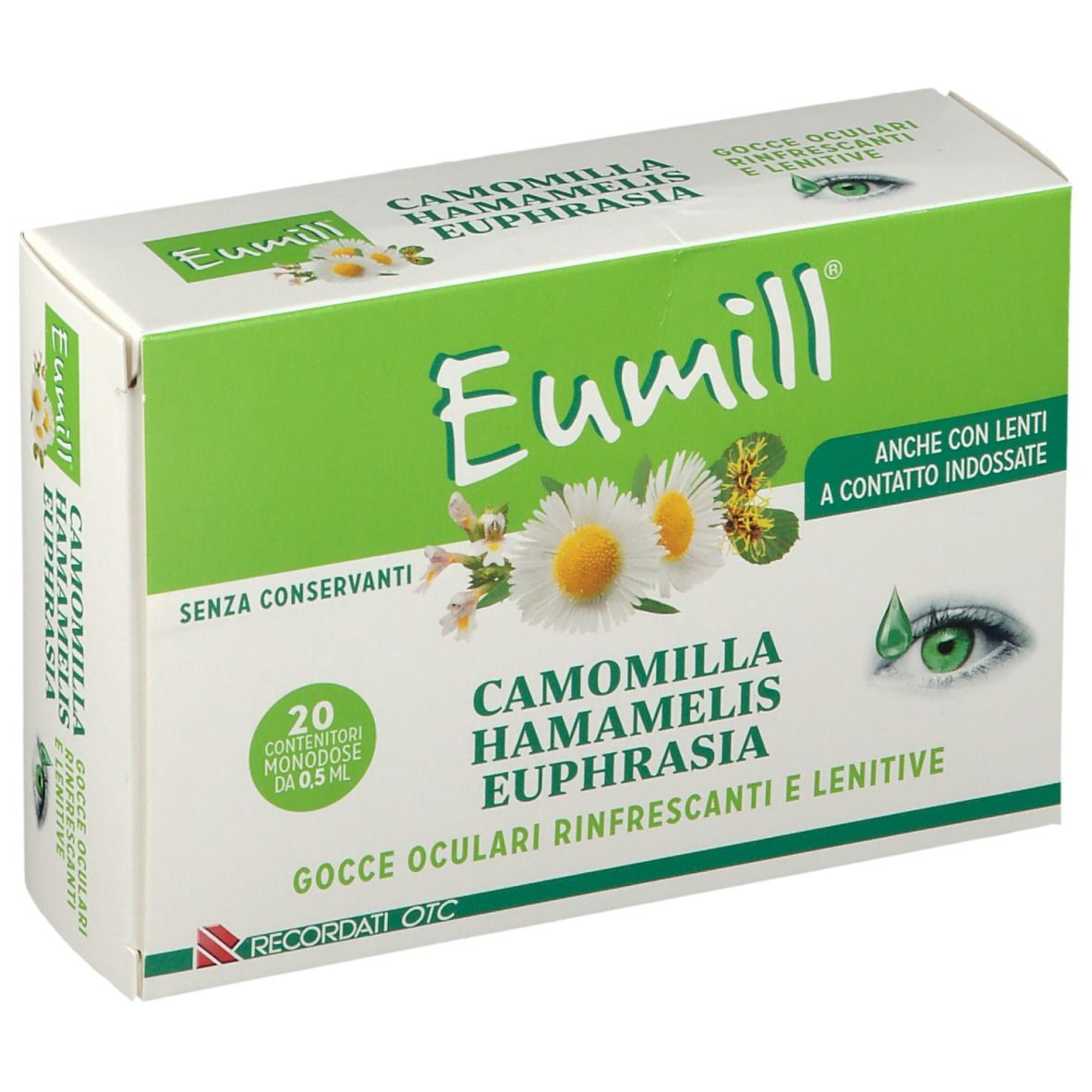 Confezione Eumill gocce oculari. Camomilla, hamamelis, eufrasia. Adatto a portatori di lenti. 20 monodose.