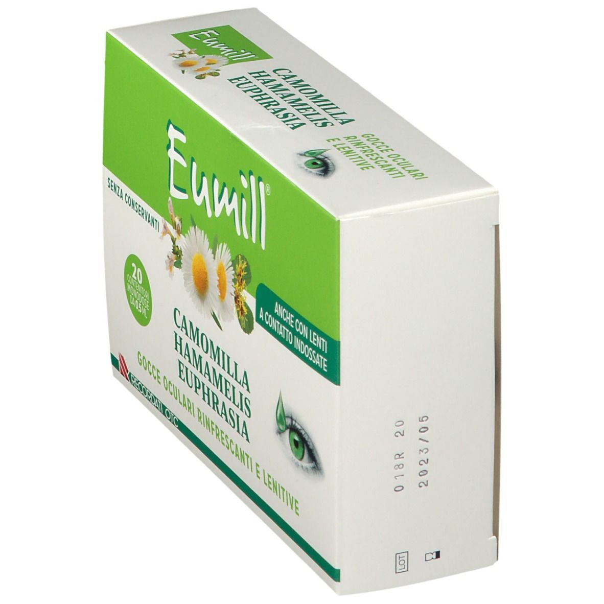 Confezione Eumill gocce oculari, angolata. Camomilla, hamamelis, eufrasia. 20 monodose. Bianco, verde.
