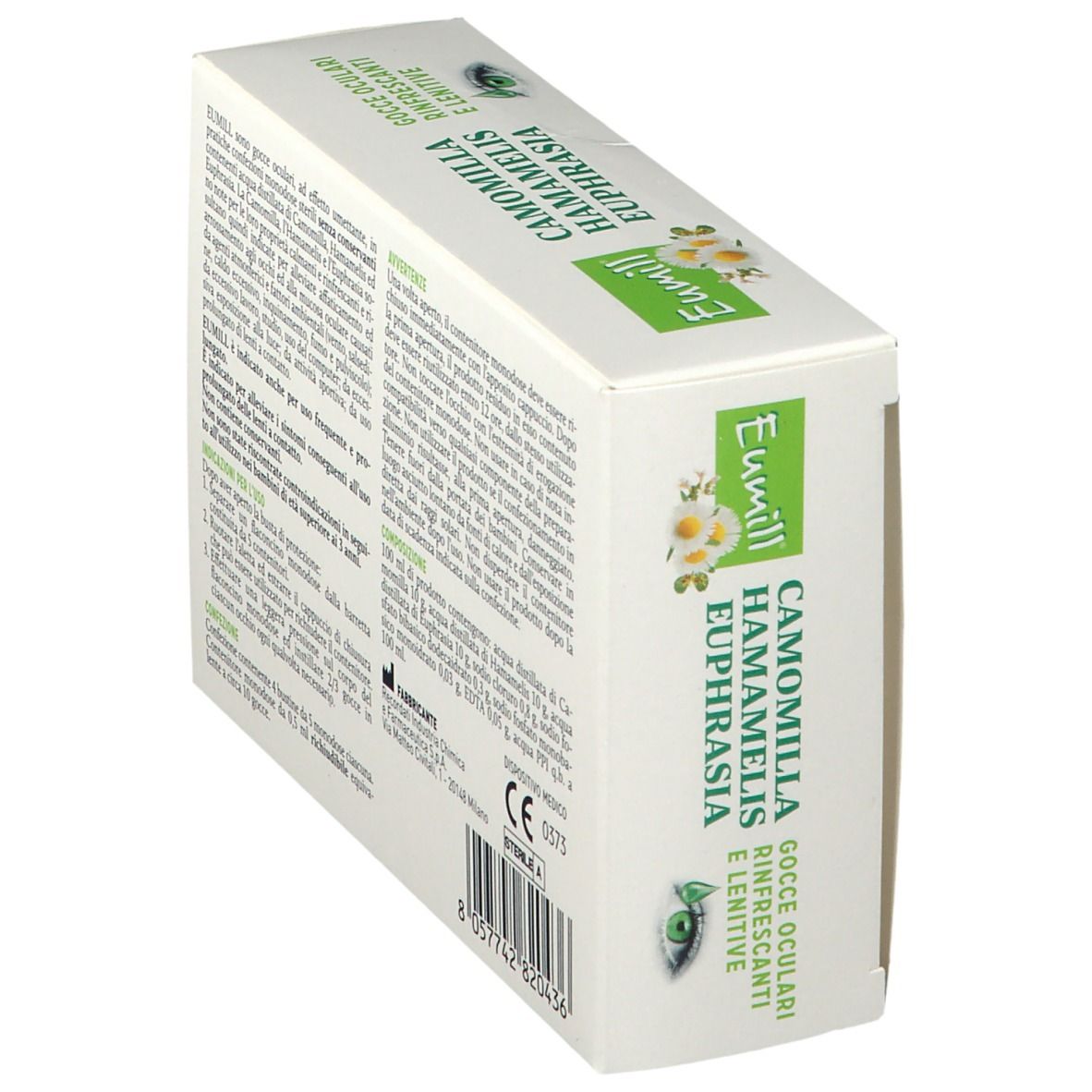 Confezione Eumill gocce oculari, angolata. Informazioni testuali sul retro. Dettagli del produttore, ingredienti.