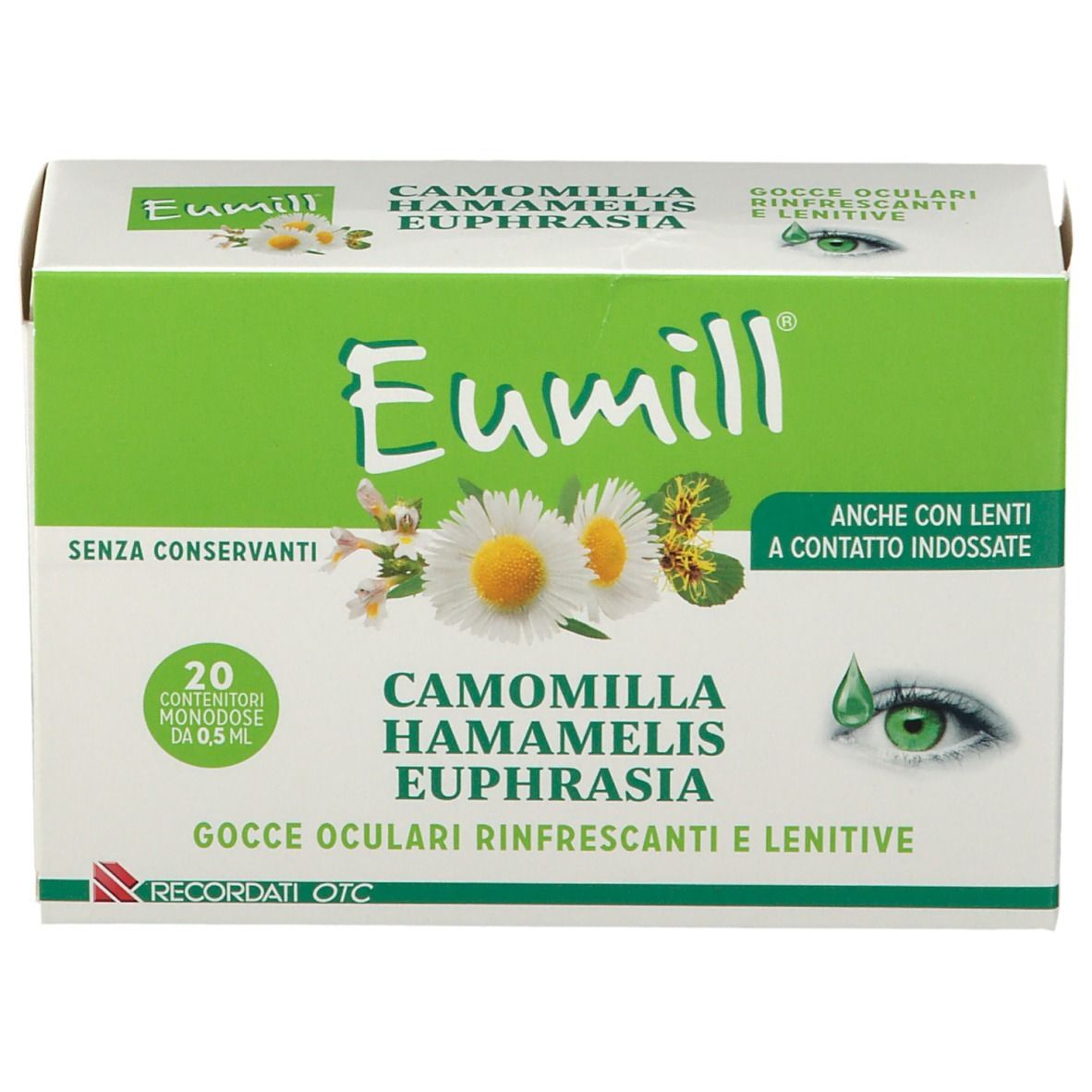 Confezione Eumill gocce oculari. Camomilla, hamamelis, eufrasia. Per lenti. 20 monodose.