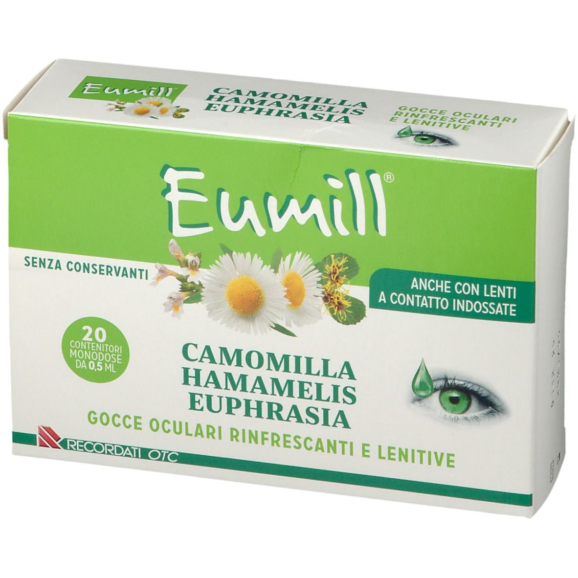 Confezione di gocce oculari Eumill. Camomilla, hamamelis, eufrasia. 20 monodose. Design verde e bianco.