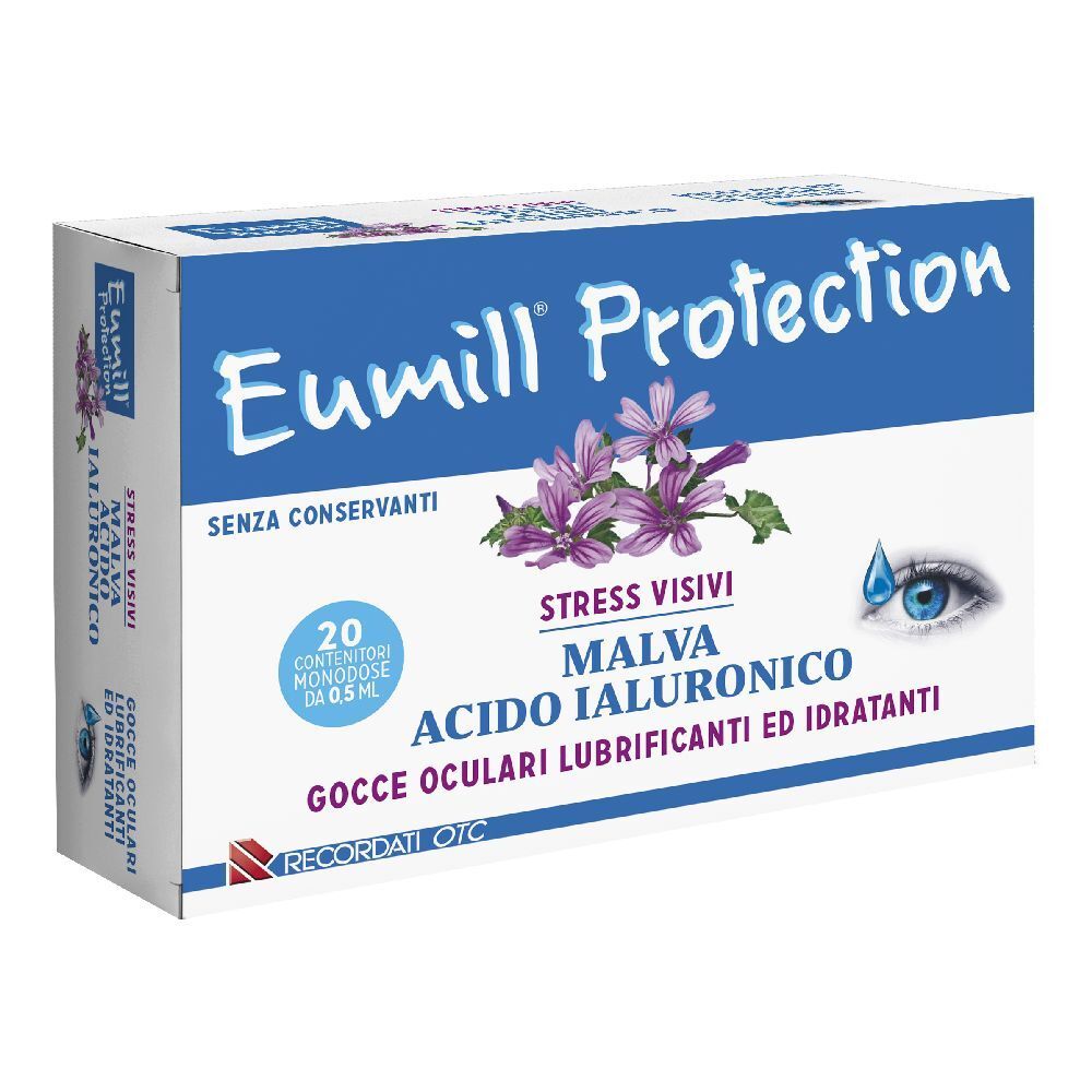 Confezione Eumill Protection. Scatola blu e bianca con nome del prodotto, ingredienti e illustrazioni. 20 monodose.