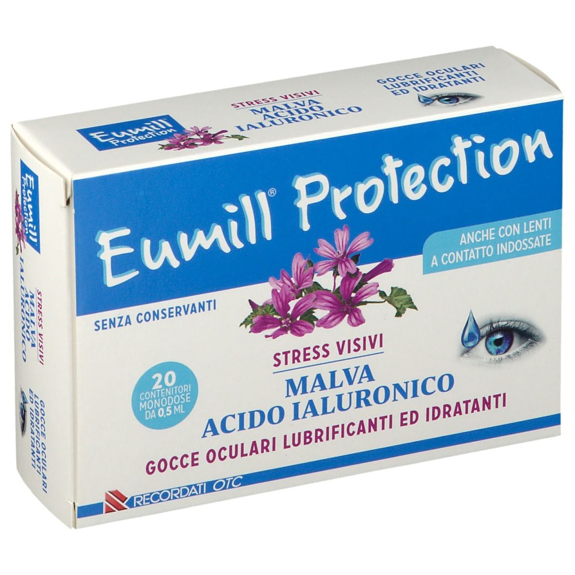Confezione Eumill Protection. Scatola blu e bianca con nome del prodotto, ingredienti e illustrazioni. 20 monodose.