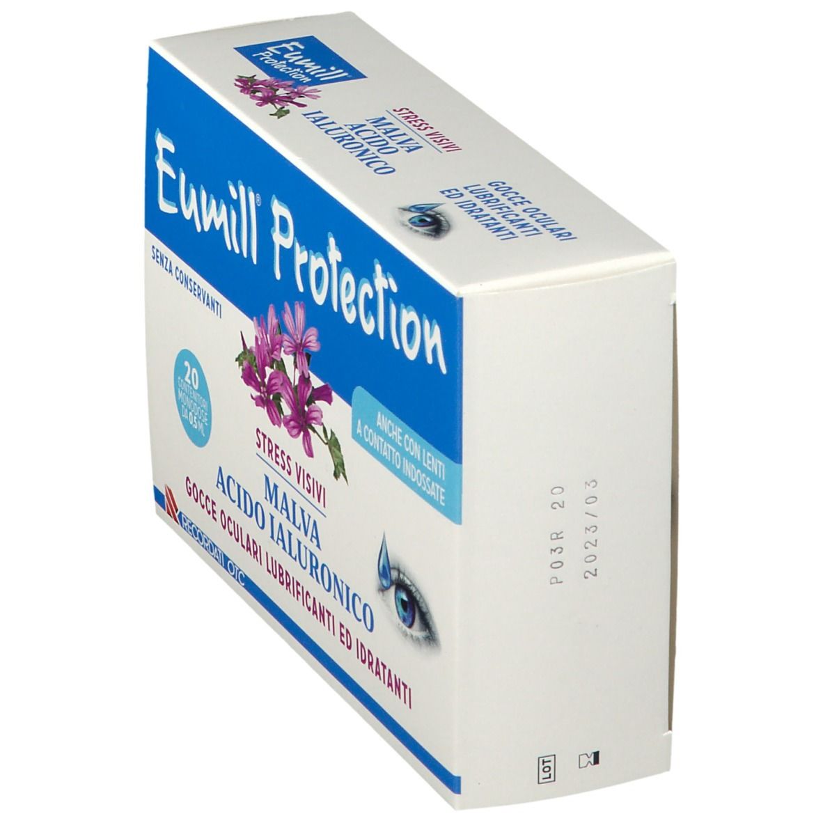 Confezione Eumill Protection. Scatola blu e bianca con nome del prodotto, ingredienti e illustrazioni. 20 monodose.