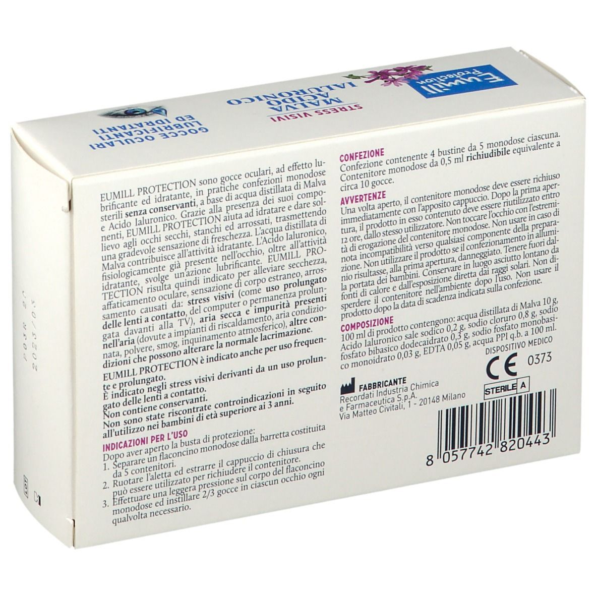Confezione Eumill Protection. Informazioni sul prodotto, ingredienti e istruzioni. Marchio CE.