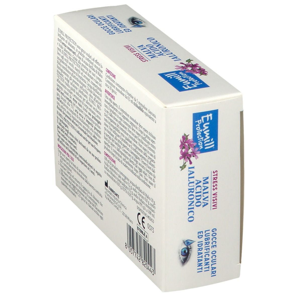 Confezione Eumill Protection. Informazioni sul prodotto, ingredienti e istruzioni. Marchio CE.