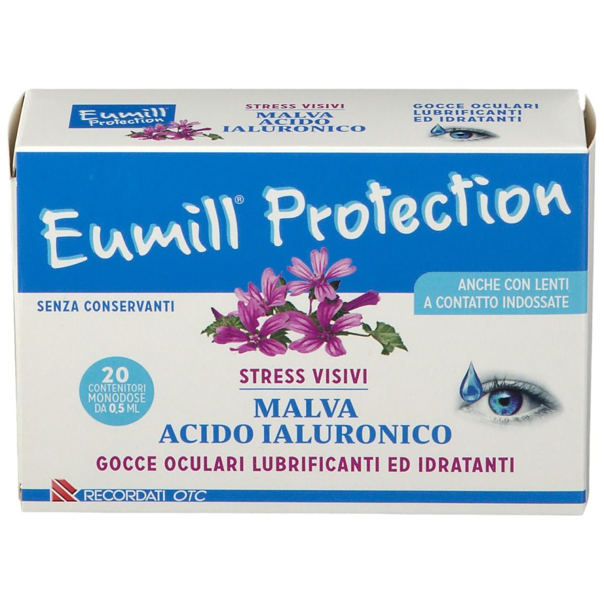 Confezione Eumill Protection. Scatola blu e bianca con nome del prodotto, ingredienti e illustrazioni. 20 monodose.