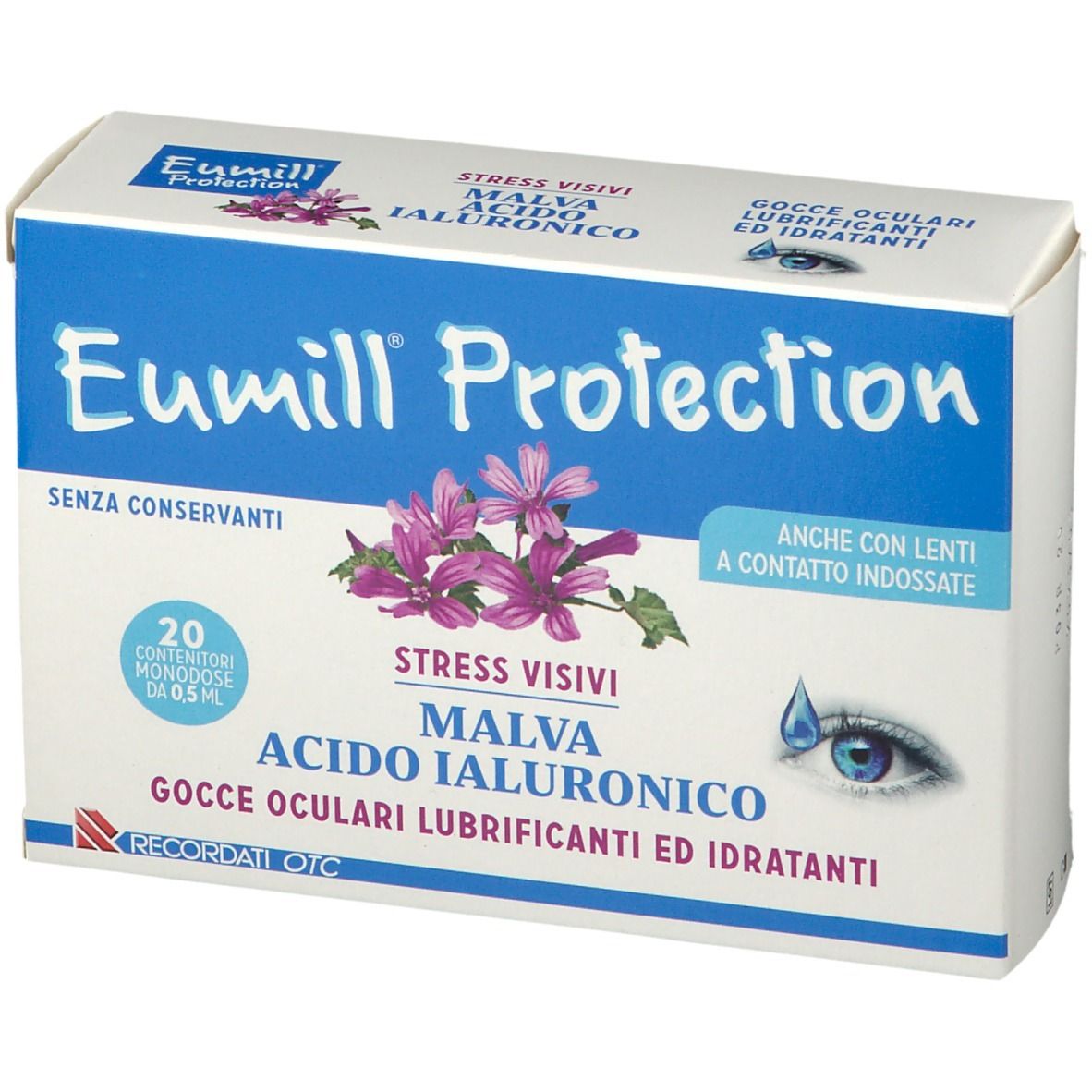 Confezione Eumill Protection. Scatola blu e bianca con nome del prodotto, ingredienti e illustrazioni. 20 monodose.