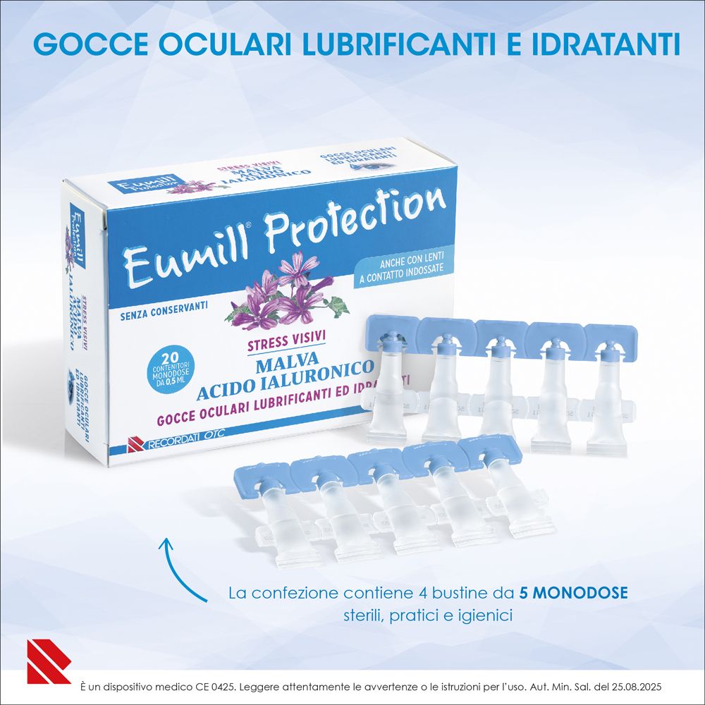 Eumill Protection Augen-Tropfen Schachtel mit 4 Blistern à 5 Monodosen. Enthält Malva und Hyaluronsäure.