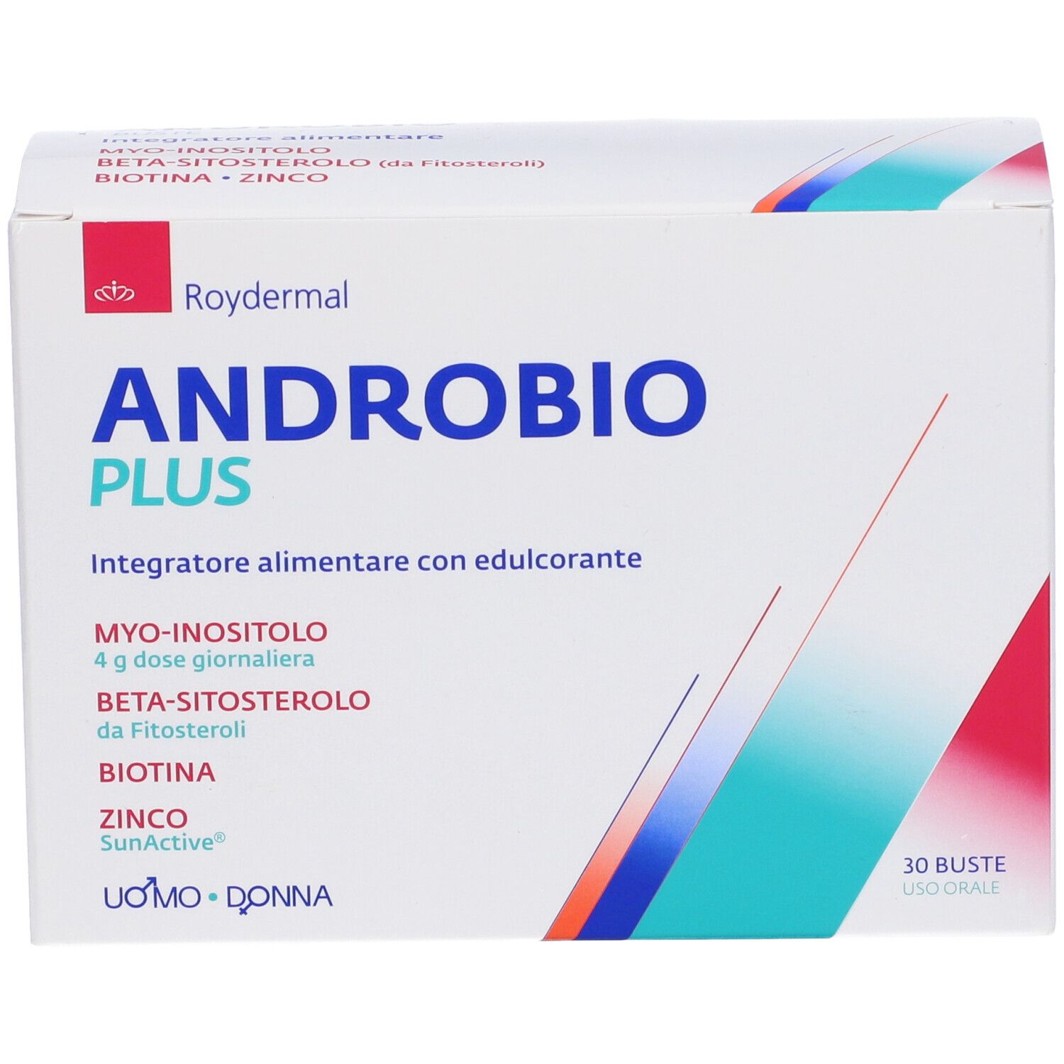 Scatola bianca con design blu e rosso. Scritta: Androbio Plus. Contiene 30 bustine. Ingredienti: Myo-inositolo, Beta-sitosterolo, Biotina, Zinco.