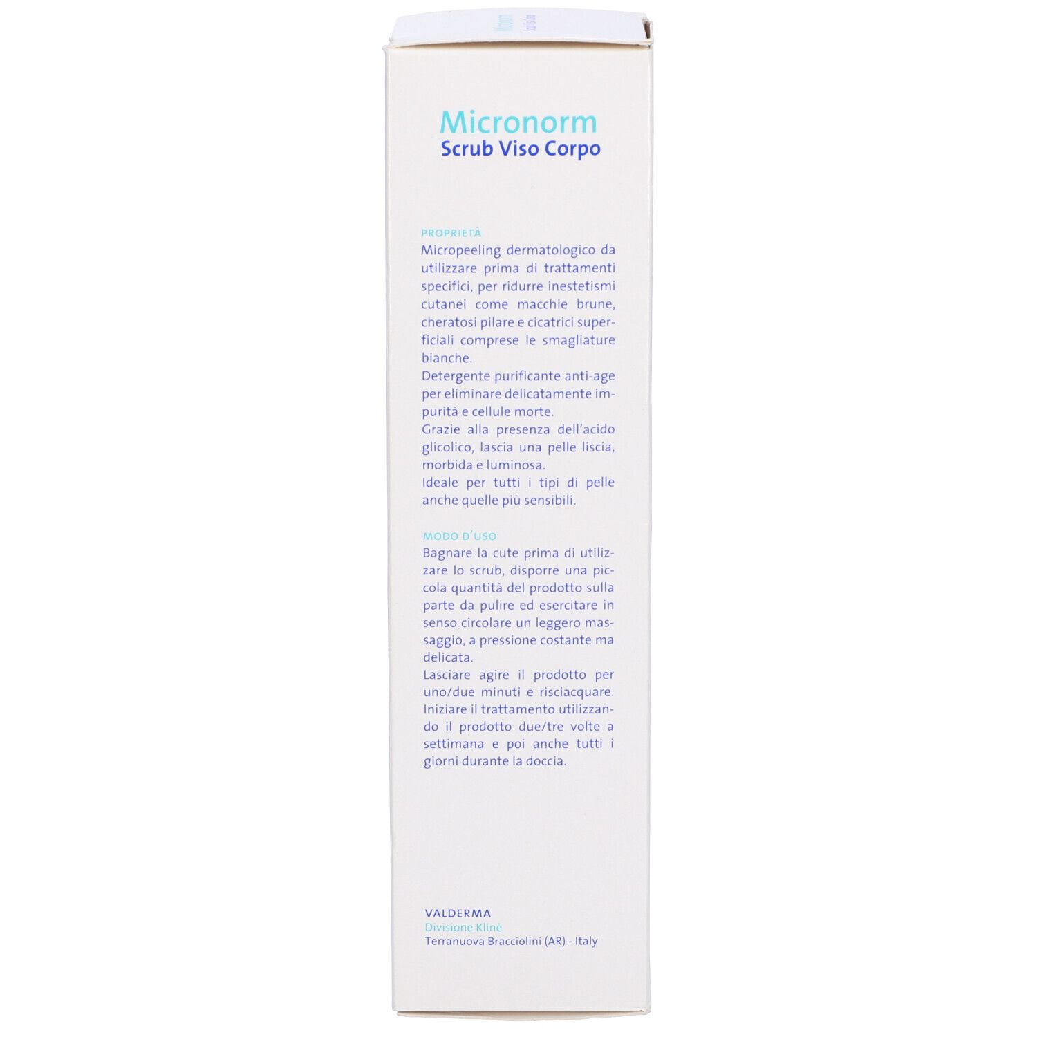Retro della scatola con informazioni sul prodotto. Testo: Micronorm Scrub Viso Corpo, istruzioni per l'uso, 250 ml.