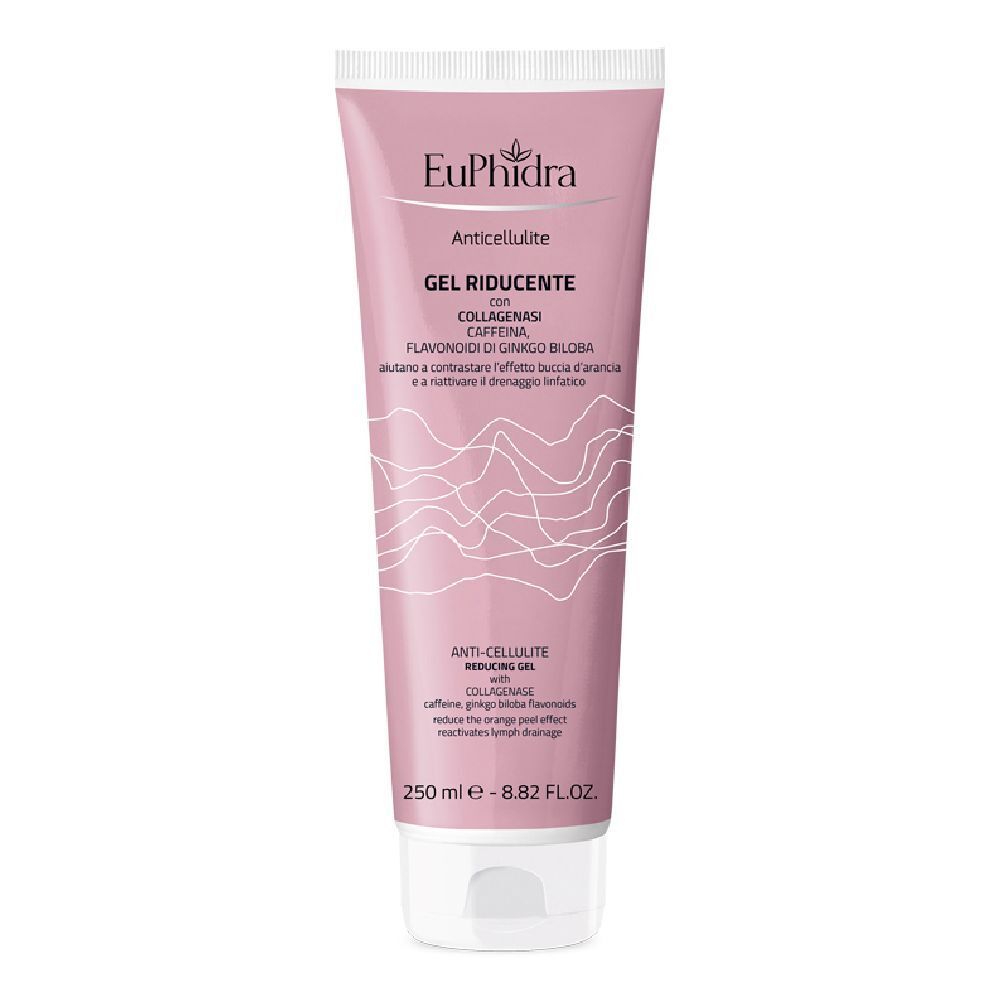 Tubo rosa EuPhidra Gel Riducente. Testo: Collagenasi, Caffeina, Ginkgo Biloba. Tappo bianco.